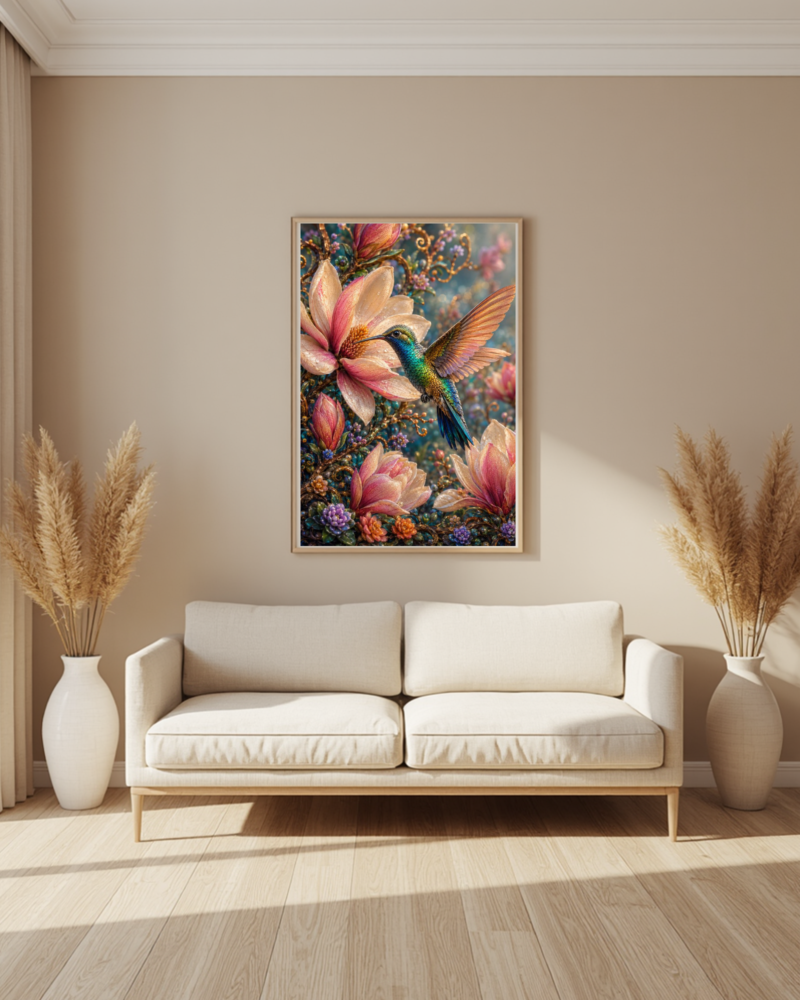 Diamond Painting Kolibri im Blütenzauber mit schillerndem Kolibri, zarten Magnolienblüten und funkelnden Spezialsteinen auf hochwertiger Premium-Leinwand.