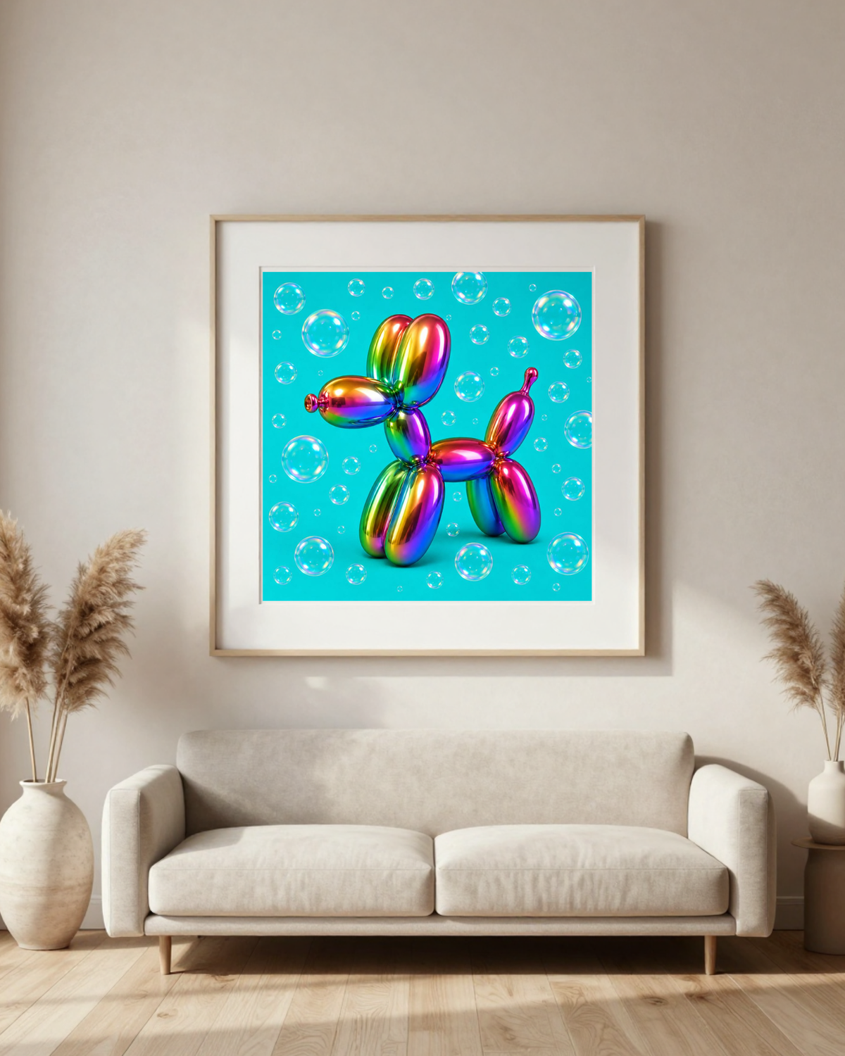 Zwei Ballonhunde aus Mosaikbausätzen von Diamond Memories, detailreiche bunte Mosaiksteine auf einer weißen Oberfläche