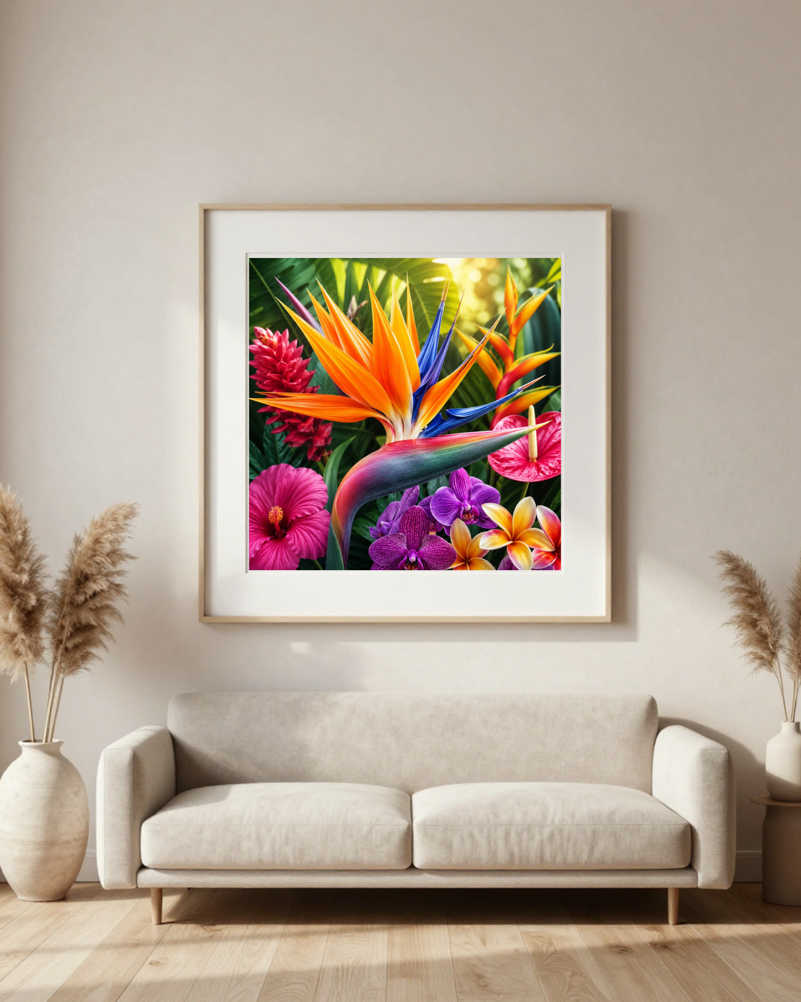 Diamond Painting exotische Strelitzie mit tropischen Blumen in leuchtenden Farben und funkelnden Spezialsteinen
