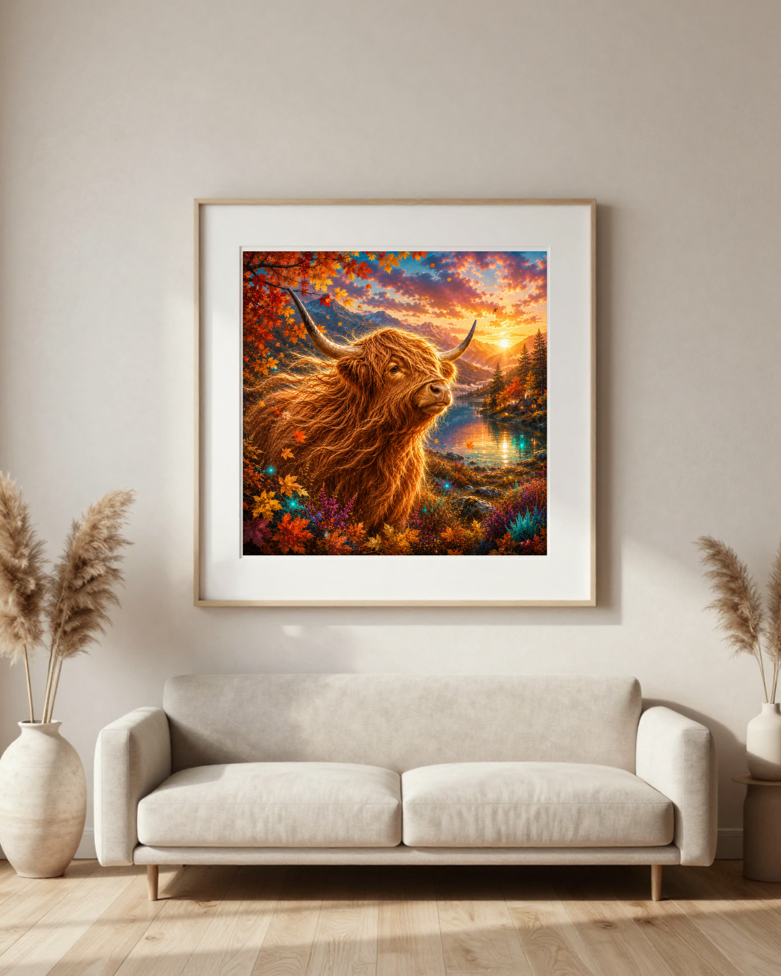 Diamond Painting Highland Cow im goldenen Herbst mit Premium Spezialsteinen