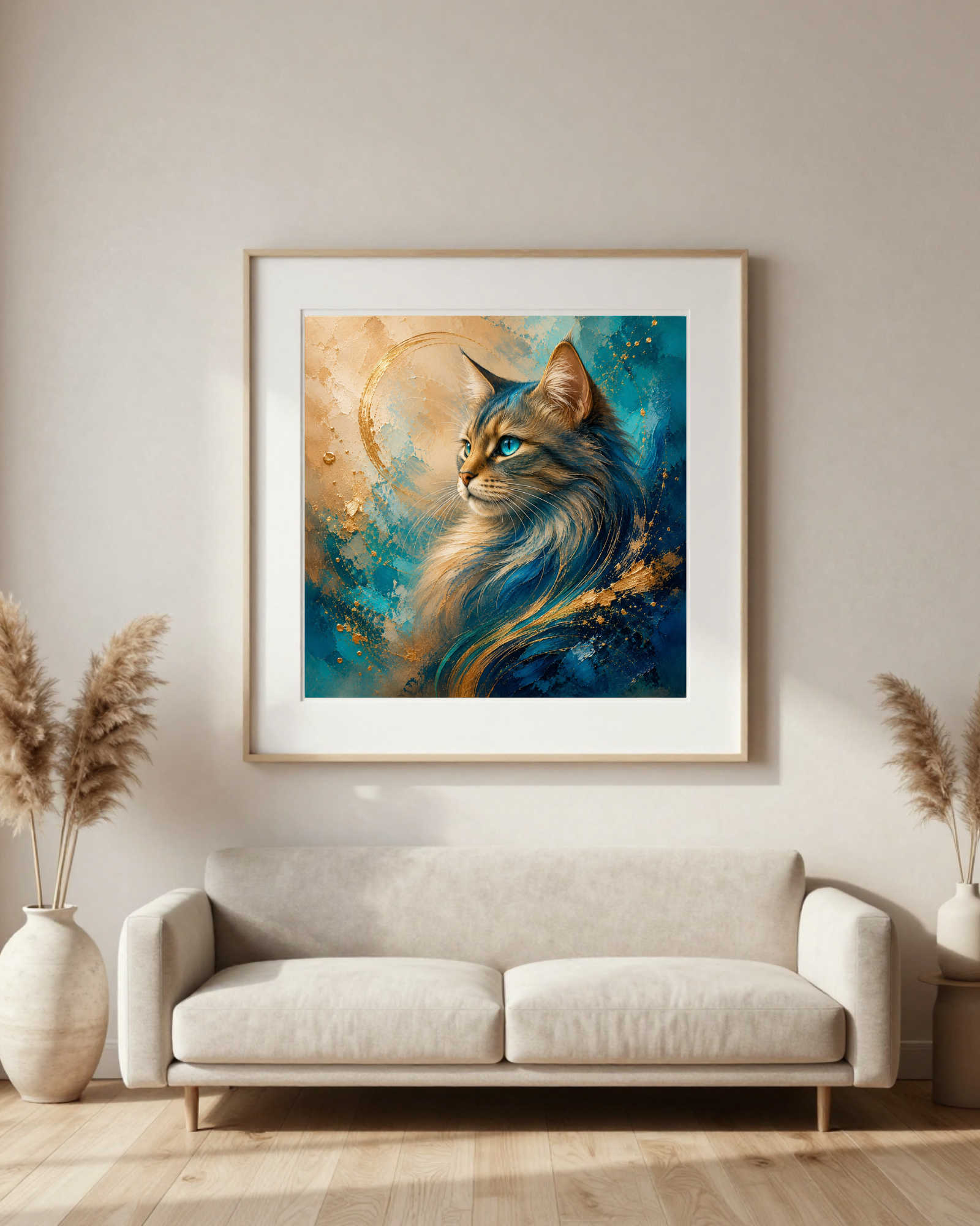 Diamond Painting elegante Katze in Türkis und Gold mit Premium Spezialsteinen