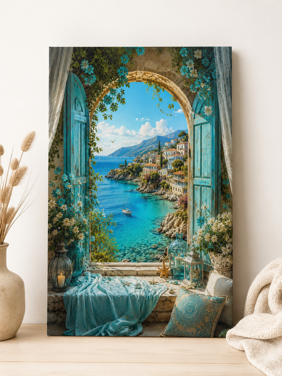 Mosaikbausatz "Fenster aufs Meer" von Diamond Memories mit Meeresblick und Sonnenstrahlen, detailreiche Kunst für Bastelenthusiasten
