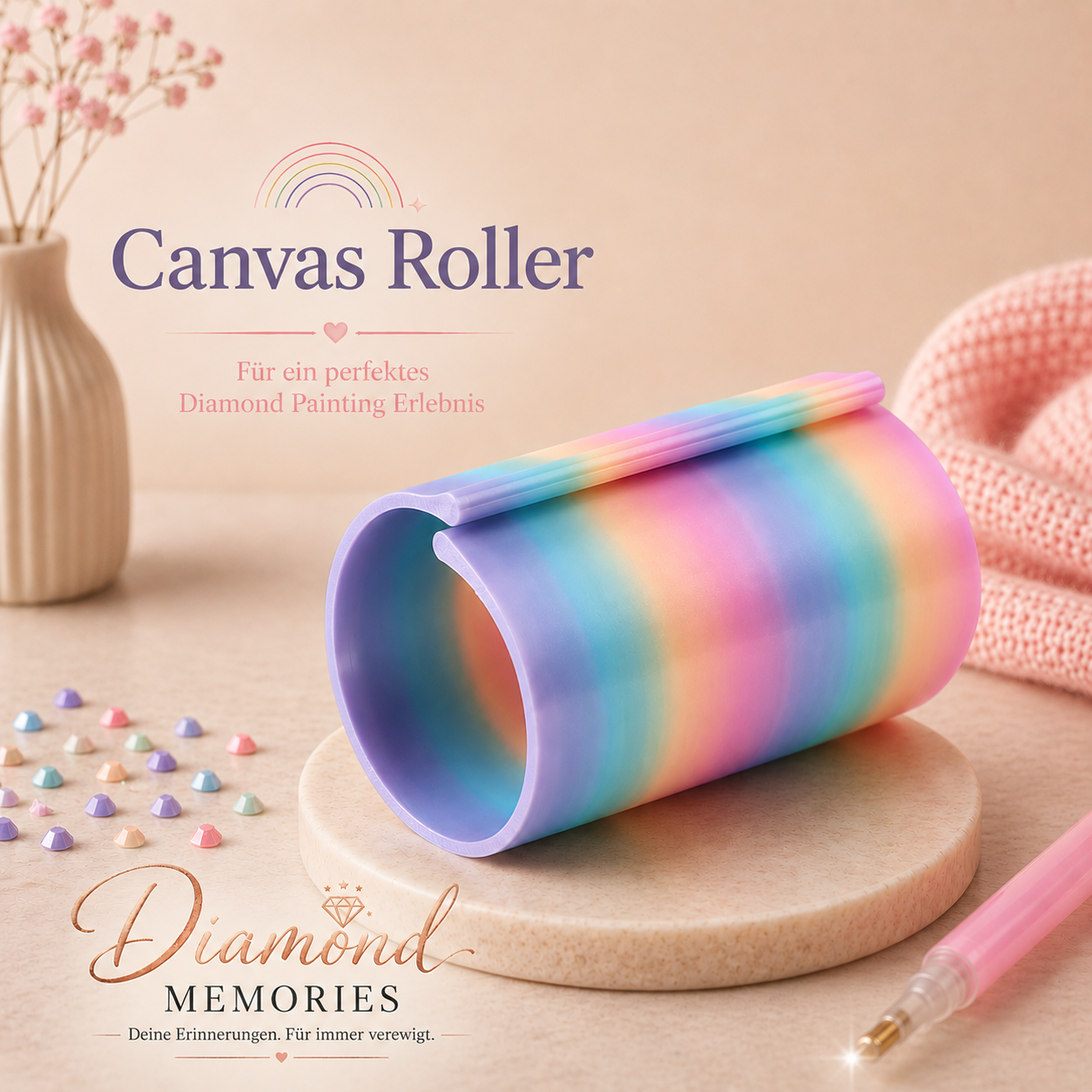 Leinwand-Roller für entspanntes Diamond Painting von diamondmemories, zeigt den weichen Canvas-Roller in Gebrauch.