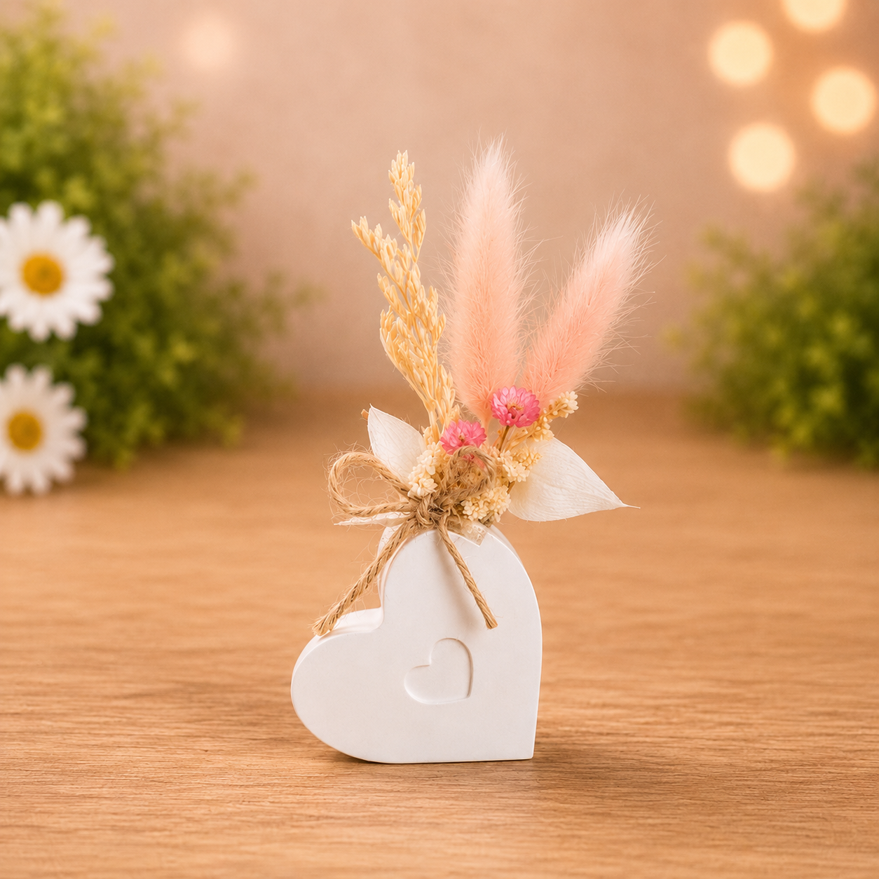 Herzvase mit Trockenblumen aus Gips von Meraviglie di Désirée, handgegossen, dekorative Gips-Deko mit Trockenblumen.