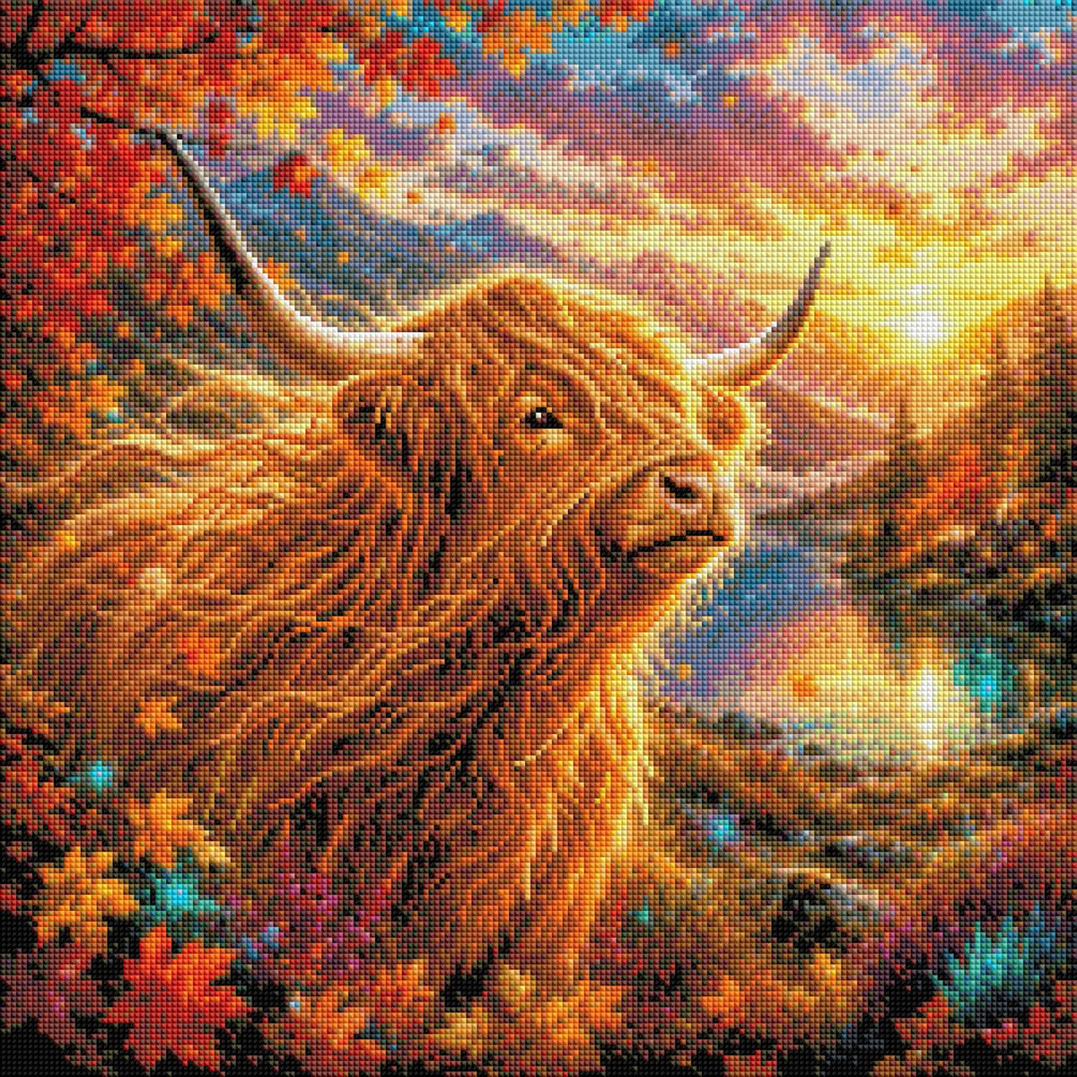 Diamond Painting Mucca Highland nell'autunno dorato – Rendering della resa delle diamantine
