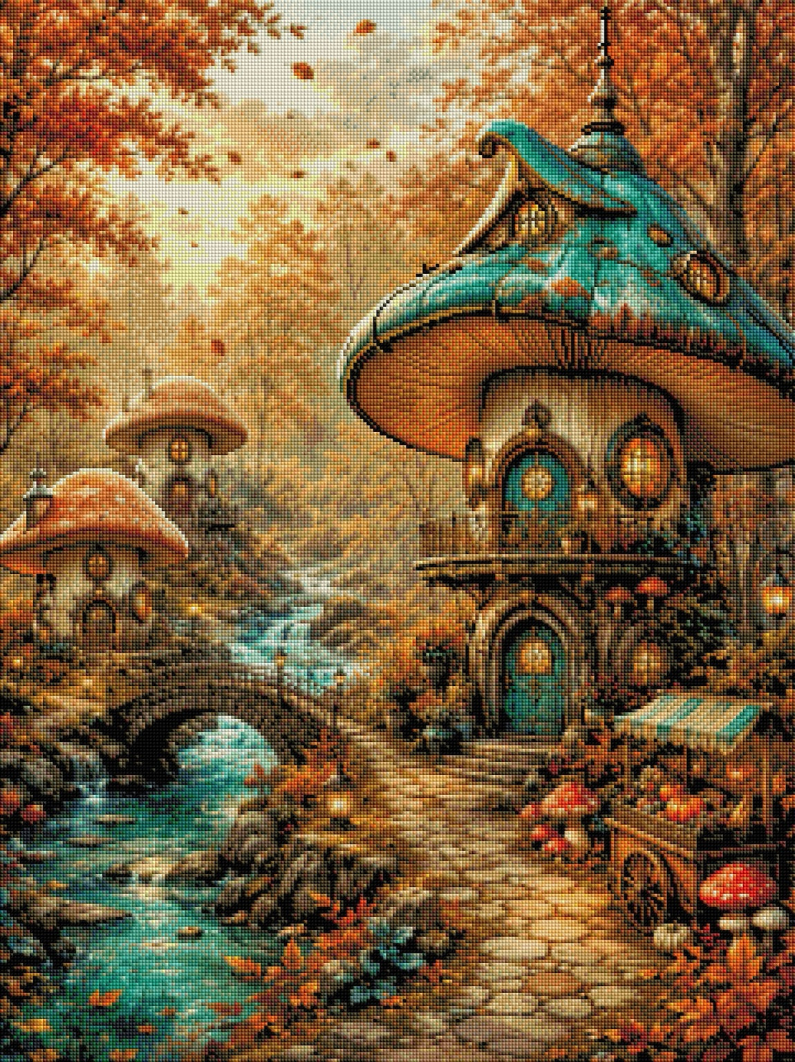 Diamond Painting Villaggio dei funghi sul ruscello turchese – Rendering della resa delle diamantine