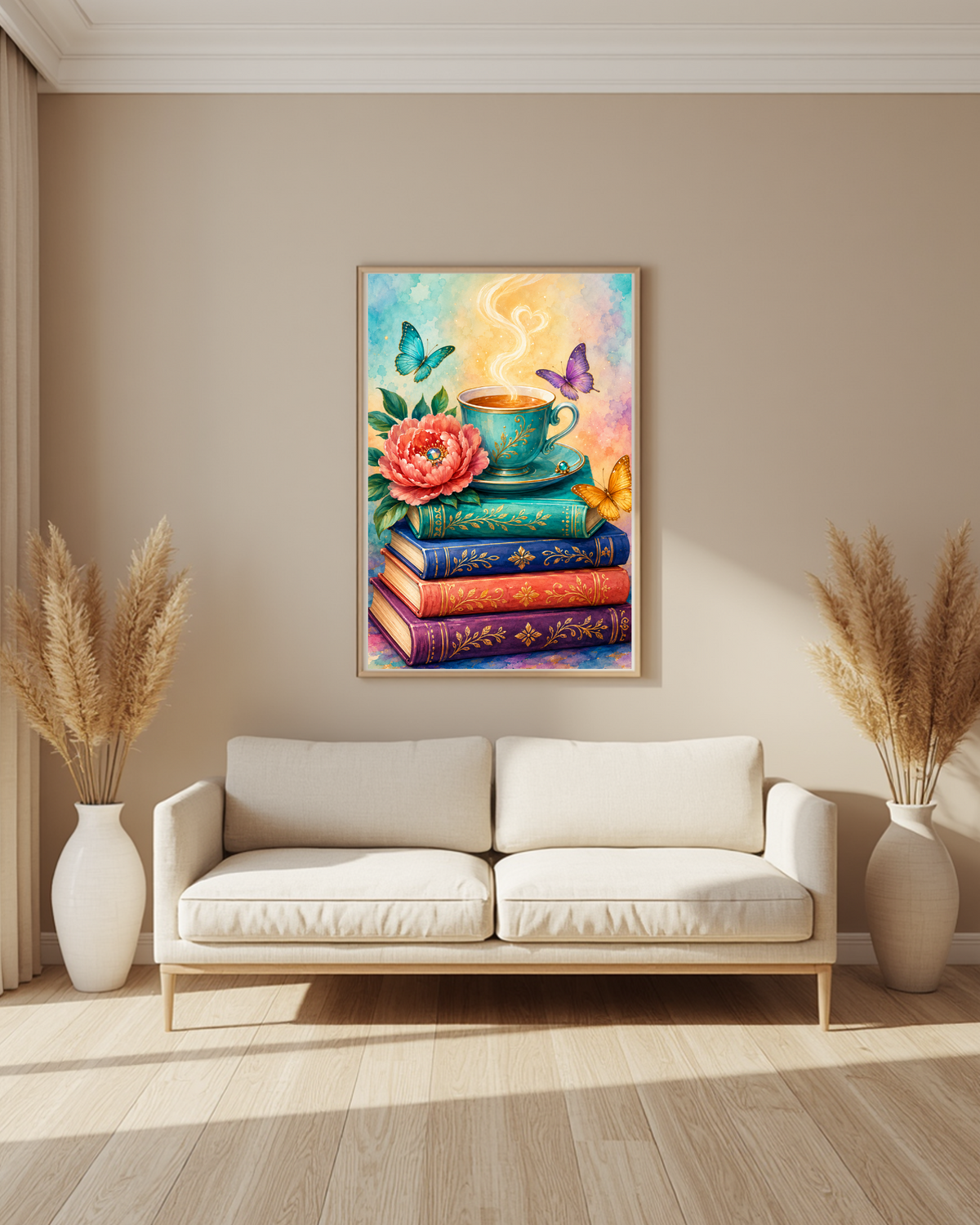Bücherzauber mit Teetasse und Rose als Wandbild im Wohnraum – NK-017