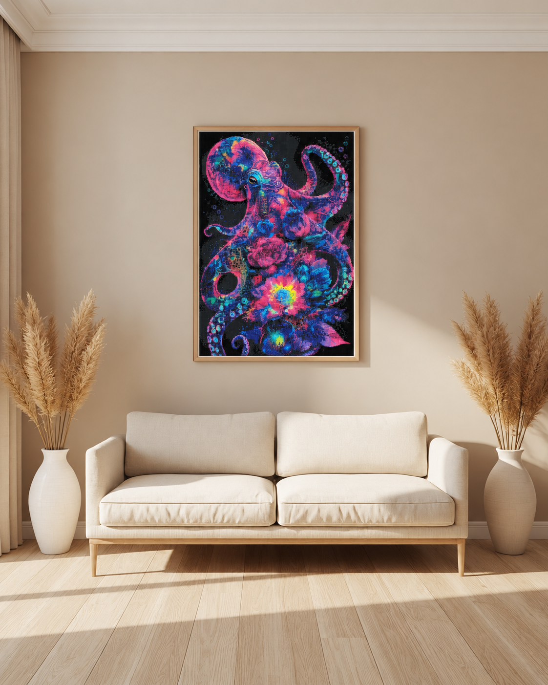 Diamond Painting Polpo neon nel mare di fiori – visualizzazione digitale in un soggiorno (cornice e decorazioni non incluse)