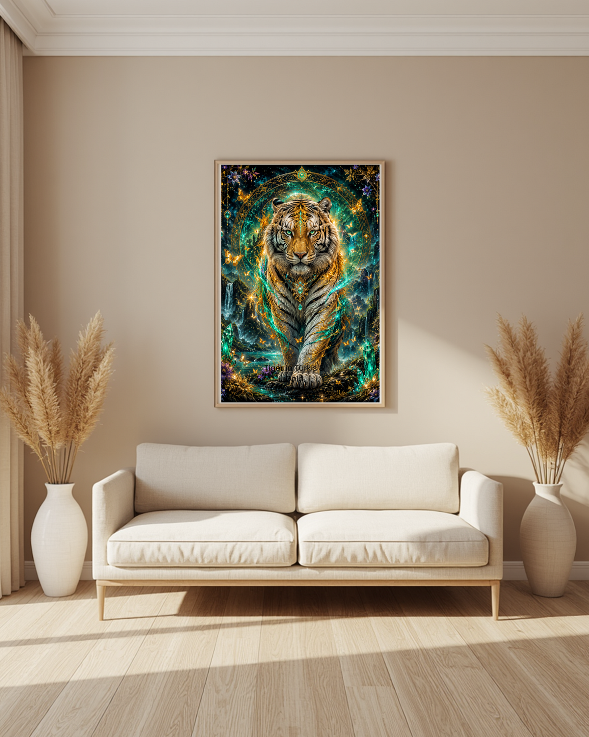 Tiger in Türkis und Gold als gerahmtes Wandbild – NK-028