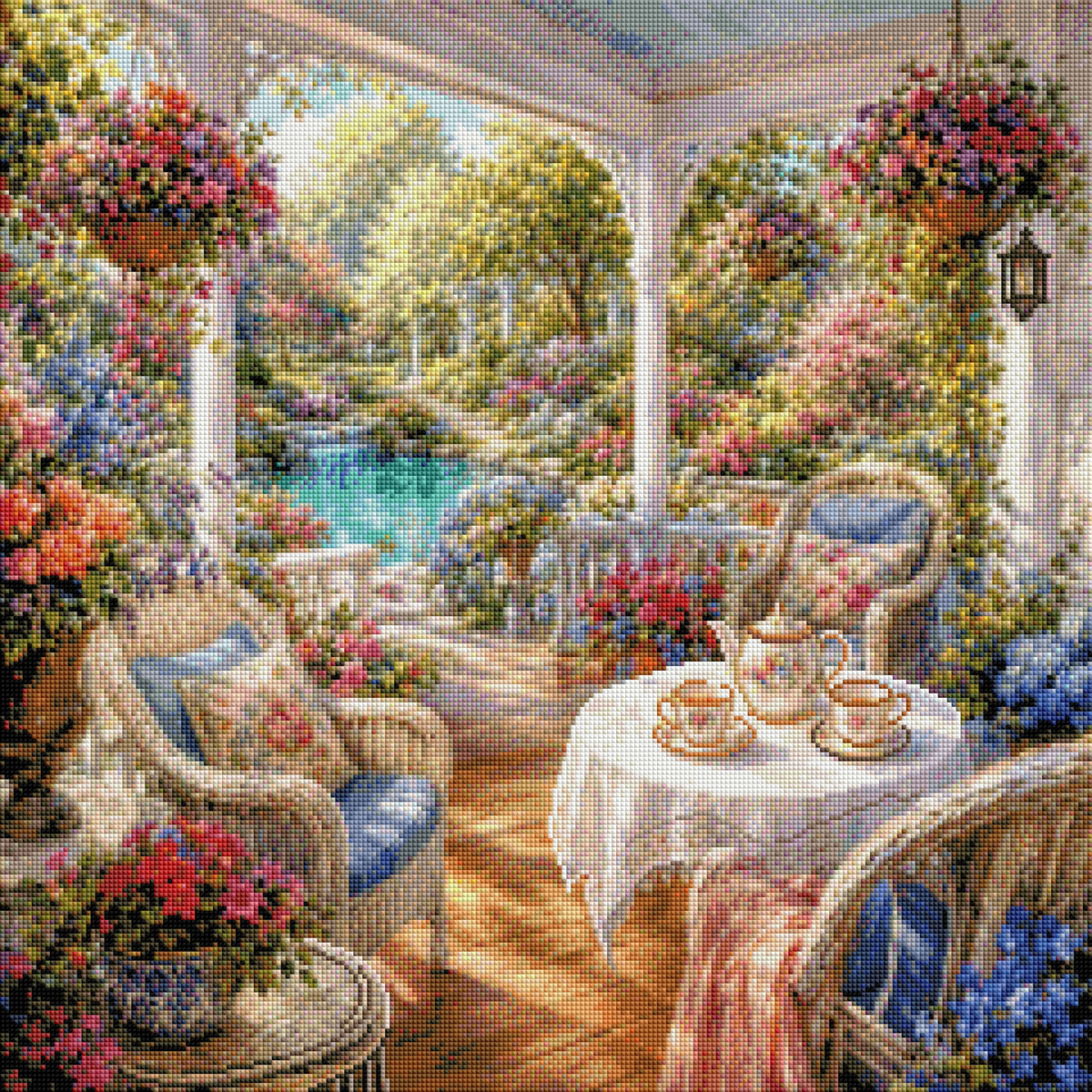 Anteprima digitale di stampa: Diamond Painting Pausa tra i fiori sulla terrazza (NK-030). Non è una foto del lavoro completato.