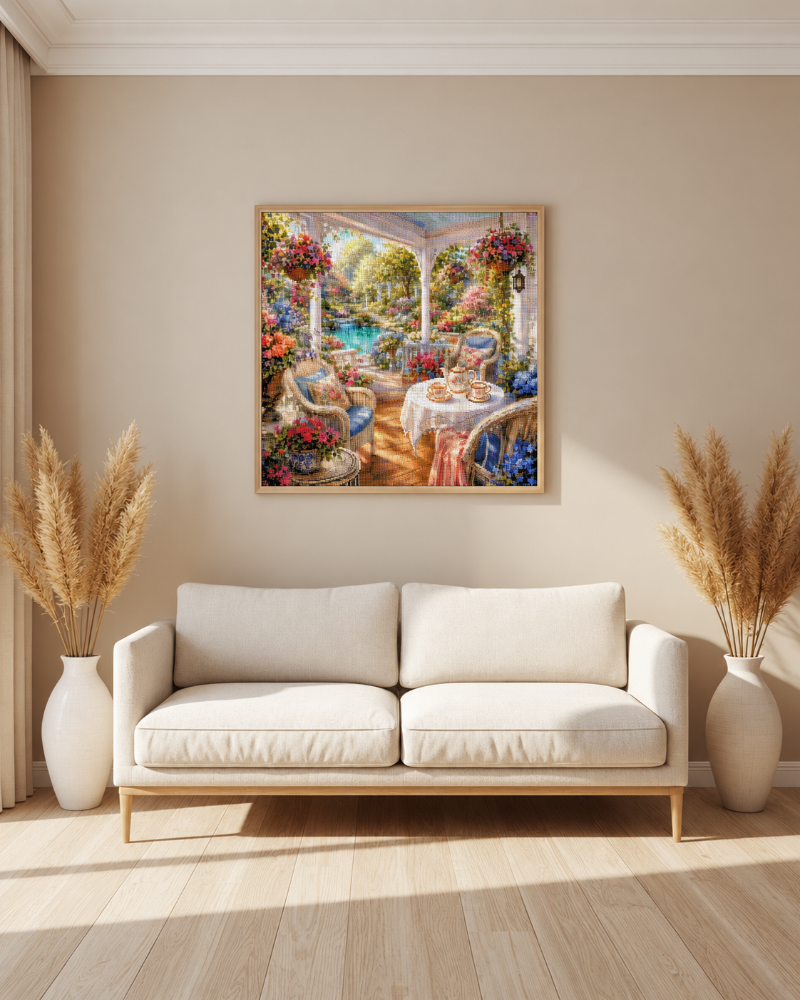Diamond Painting Pausa tra i fiori sulla terrazza – visualizzazione digitale in un soggiorno (cornice e decorazioni non incluse)