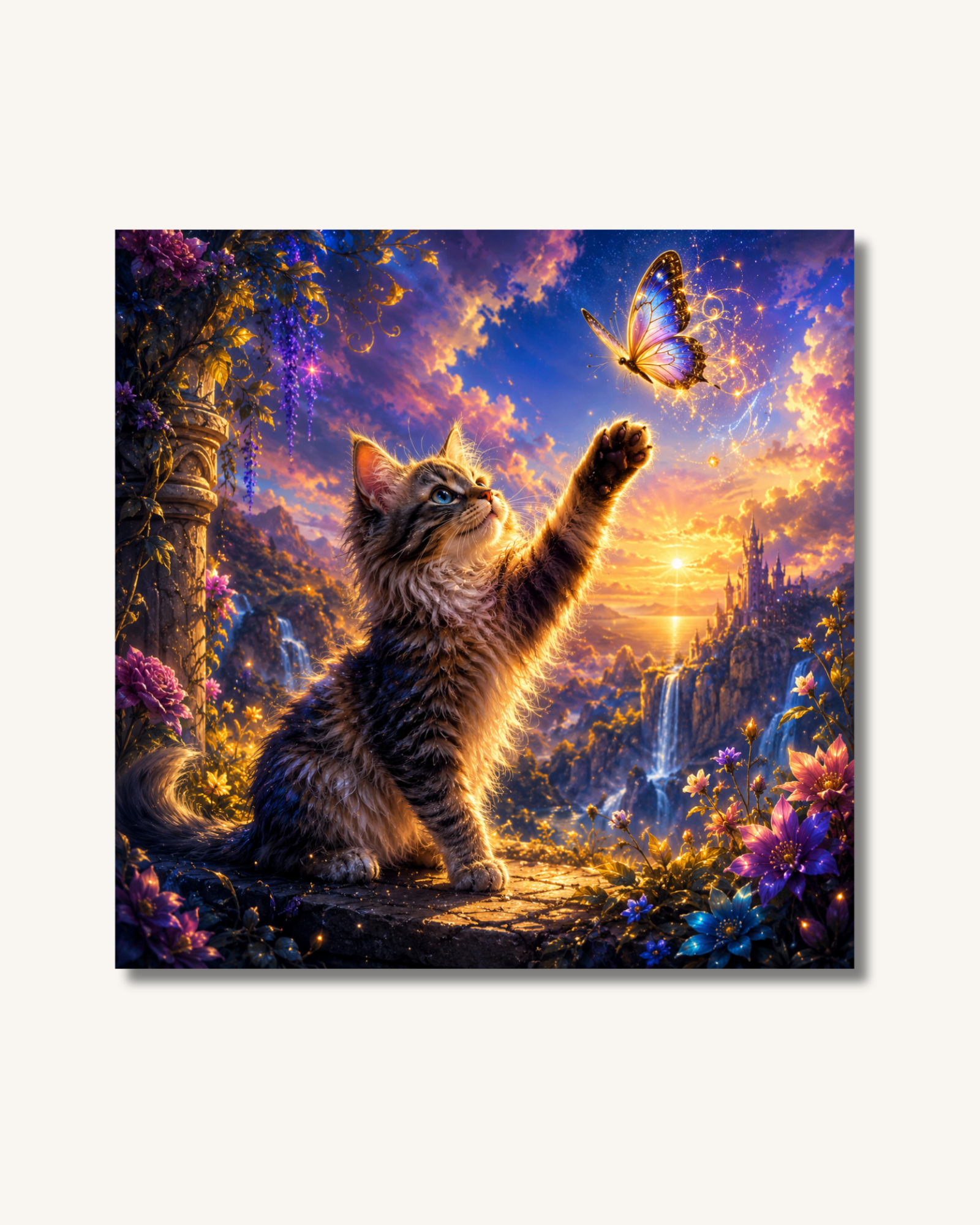 Diamond Painting Katze mit Schmetterling im märchenhaften Zaubergarten mit Spezialsteinen