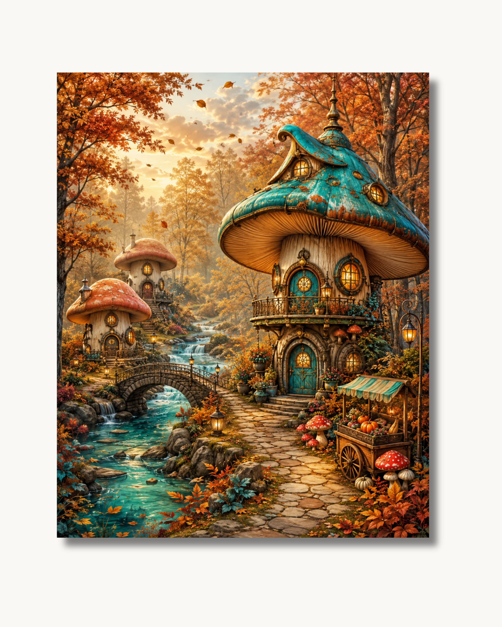 Diamantmalerei Mosaikset "Pilzdorf am Türkisbach" von Diamond Memories, detailreiche Bildaufnahme des Set-Inhalts