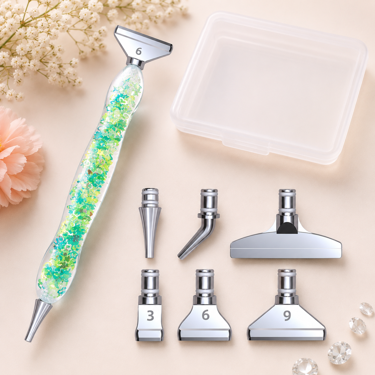 Leuchtender grünener Diamond Memories Diamond Painting Stift mit bunten Sternen, Glitzer-Effekt, für kreative Diamond Painting Projekte