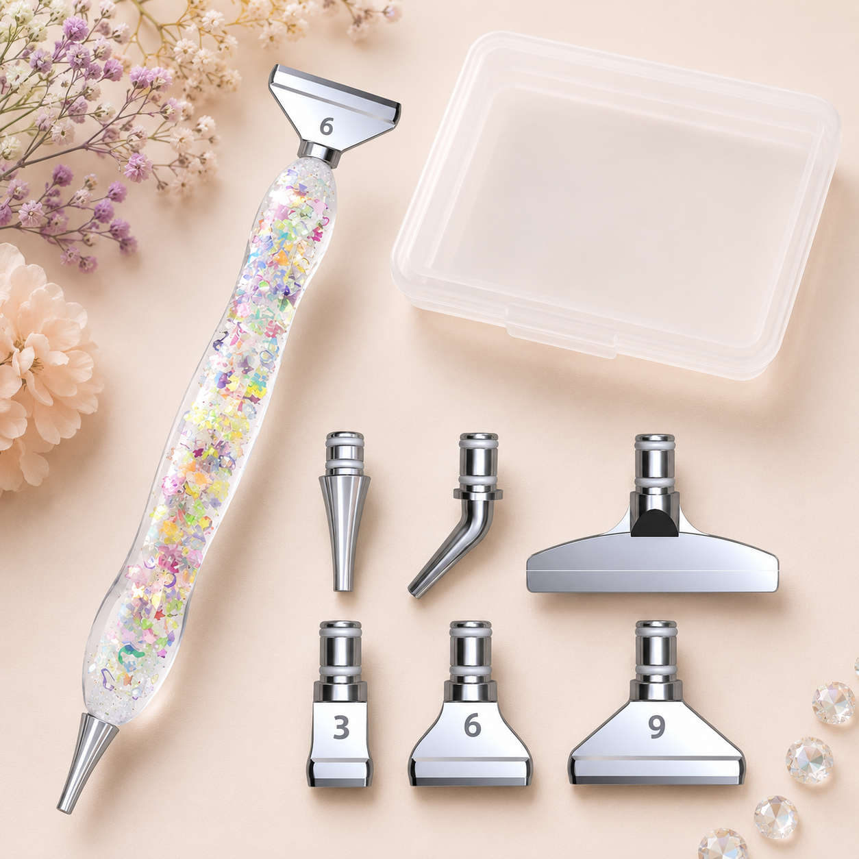 Leuchtender Glitzer-Diamond-Painting-Stift in Weiß mit bunten Sternen, perfekt für funkelnde Diamond Memories Kunstwerke