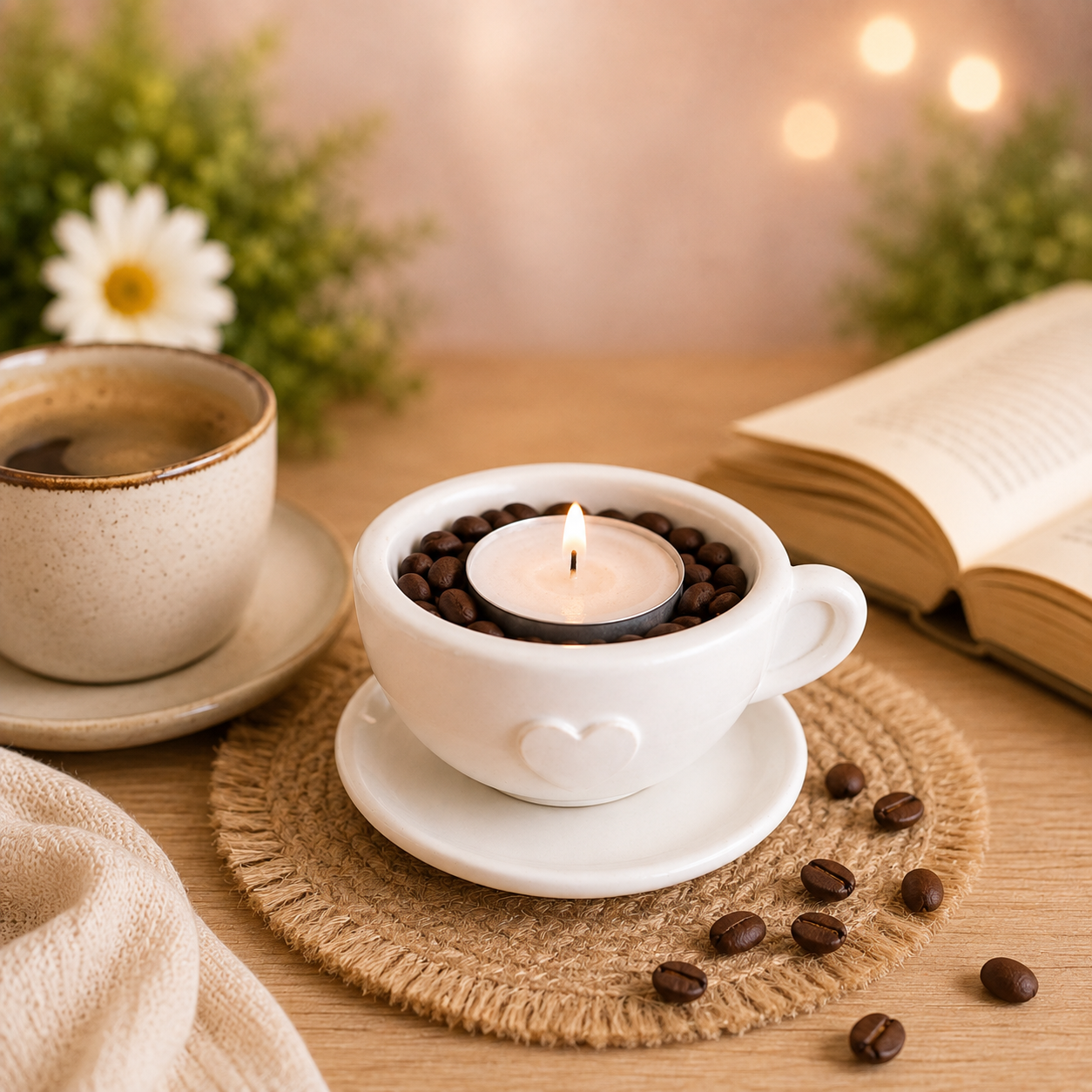 Herz-Tasse mit echten Kaffeebohnen & Teelicht