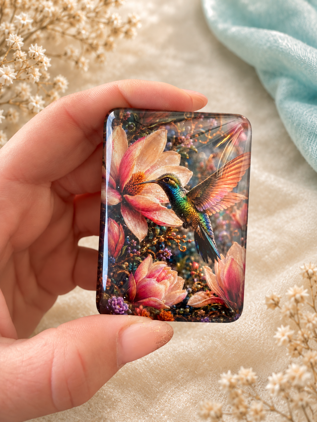 Coverminder Colibrì tra i fiori in mano su sfondo crema con tessuto turchese