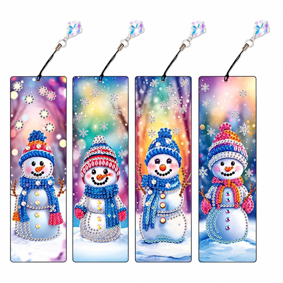 Quattro segnalibri Diamond Painting con pupazzi di neve colorati e pendenti – Anteprima con diamantine applicate