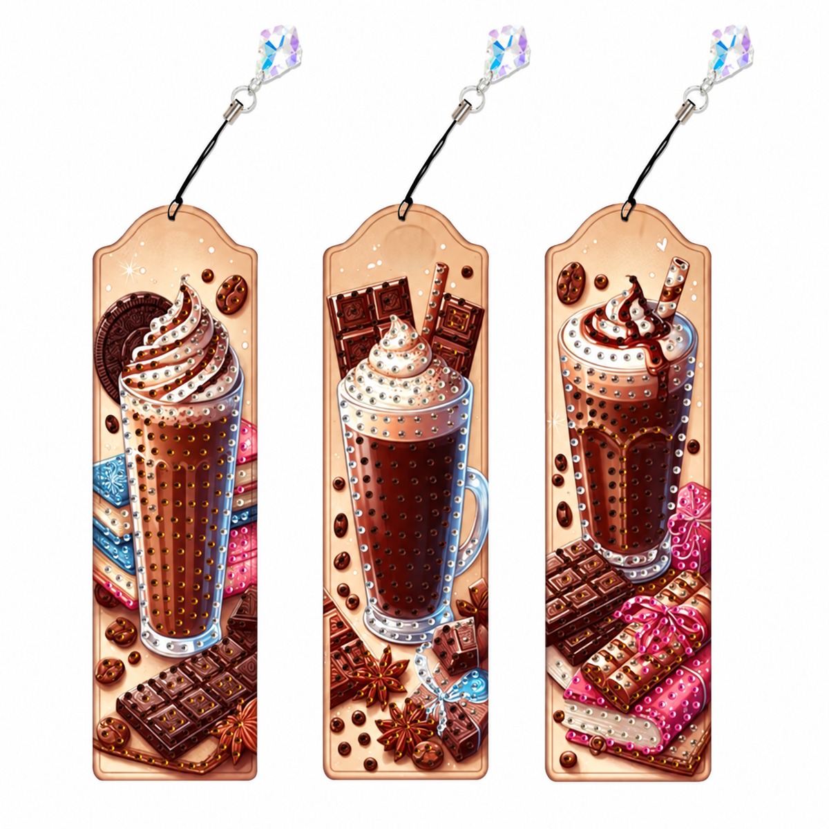 Tre segnalibri Diamond Painting Cioccolato e caffè con pendenti – Anteprima con diamantine applicate