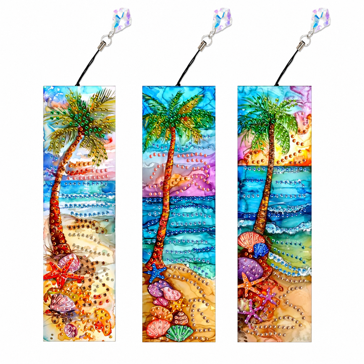Tre segnalibri Diamond Painting Pausa tropicale con pendenti – Anteprima con diamantine applicate