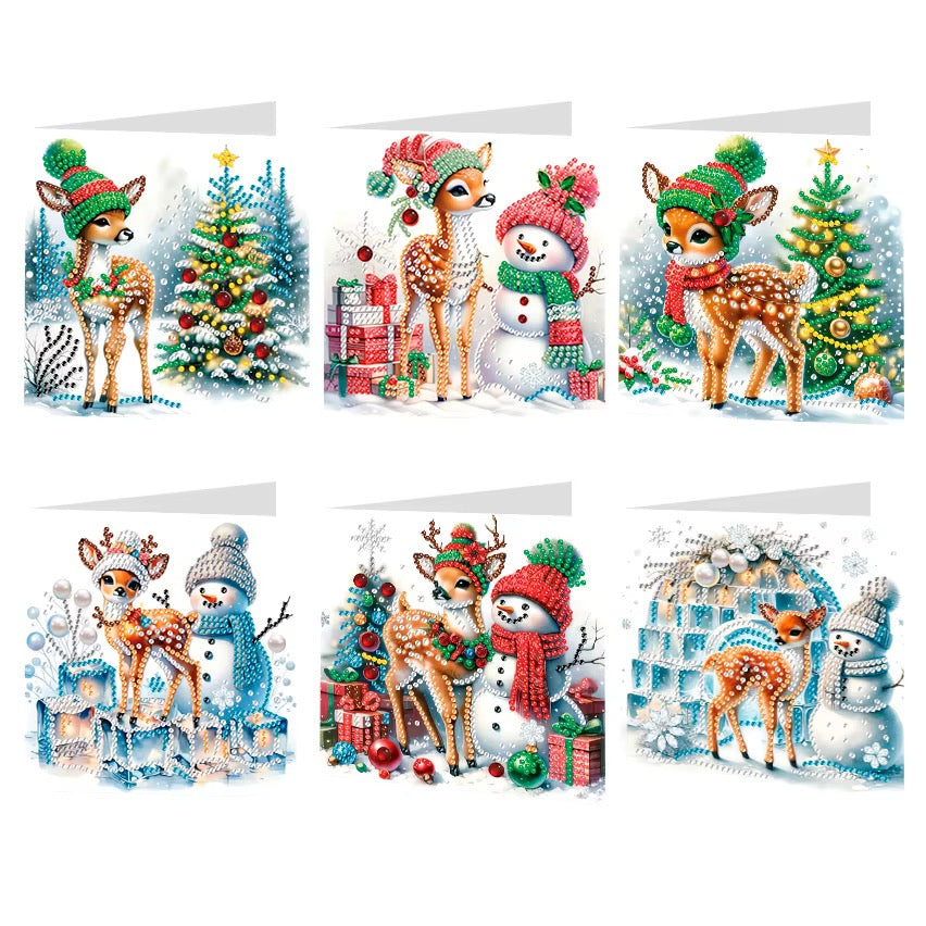 Sechs Diamond Painting Weihnachtskarten Winterzauber mit Rehen, Schneemännern und Weihnachtsbäumen