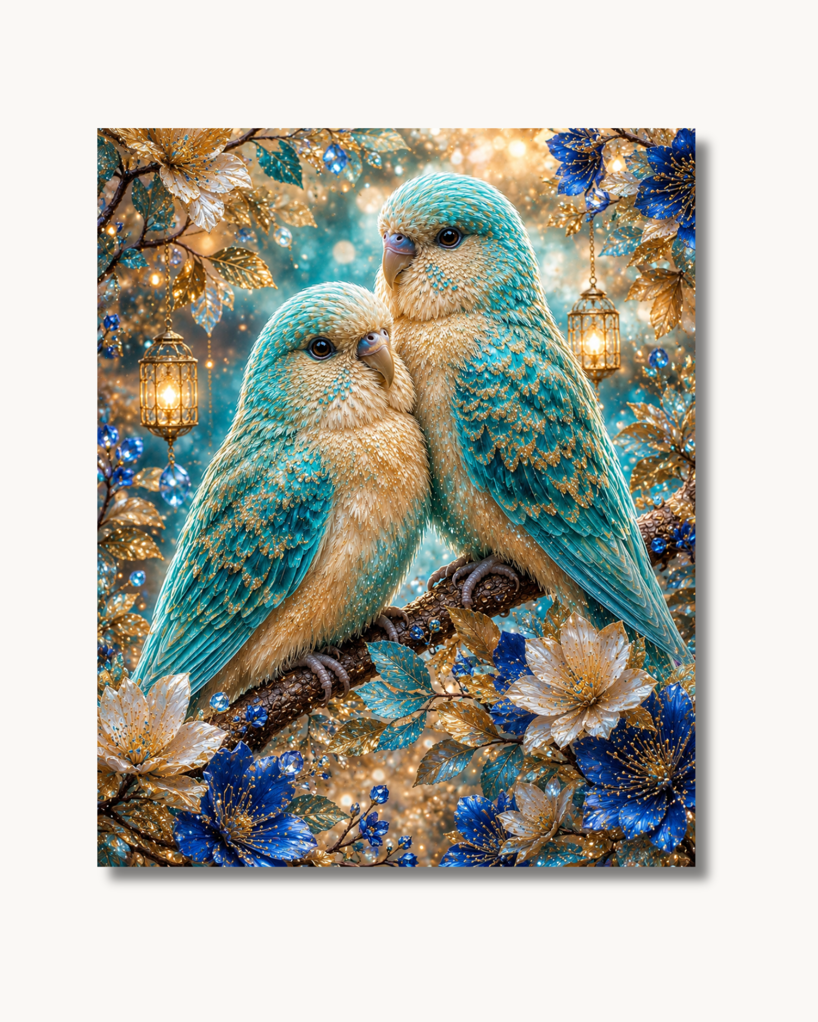 Diamond Painting mit zwei harmonisch vereinten Vögeln in Türkis und Gold, umgeben von royalblauen Blüten und leuchtenden Laternen