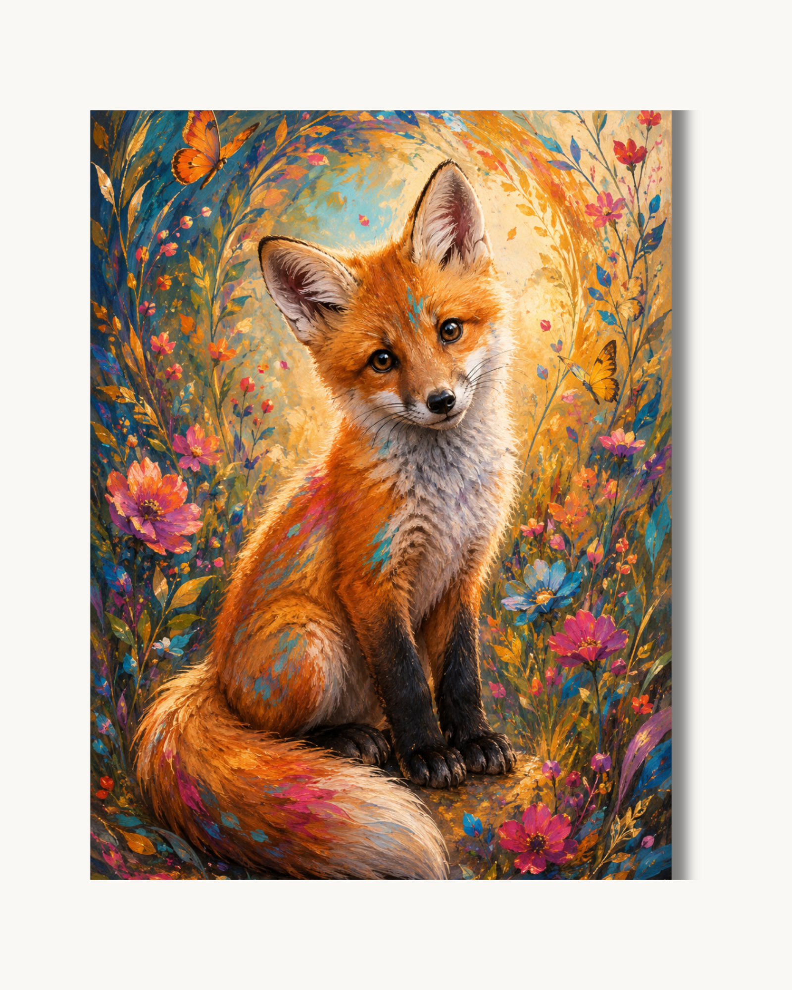 Diamond Memories Diamond Painting eines neugierigen Kupferfuchses im Blütenwald, detailreiche Mosaikbausätze, bunte Blumen und Wald.