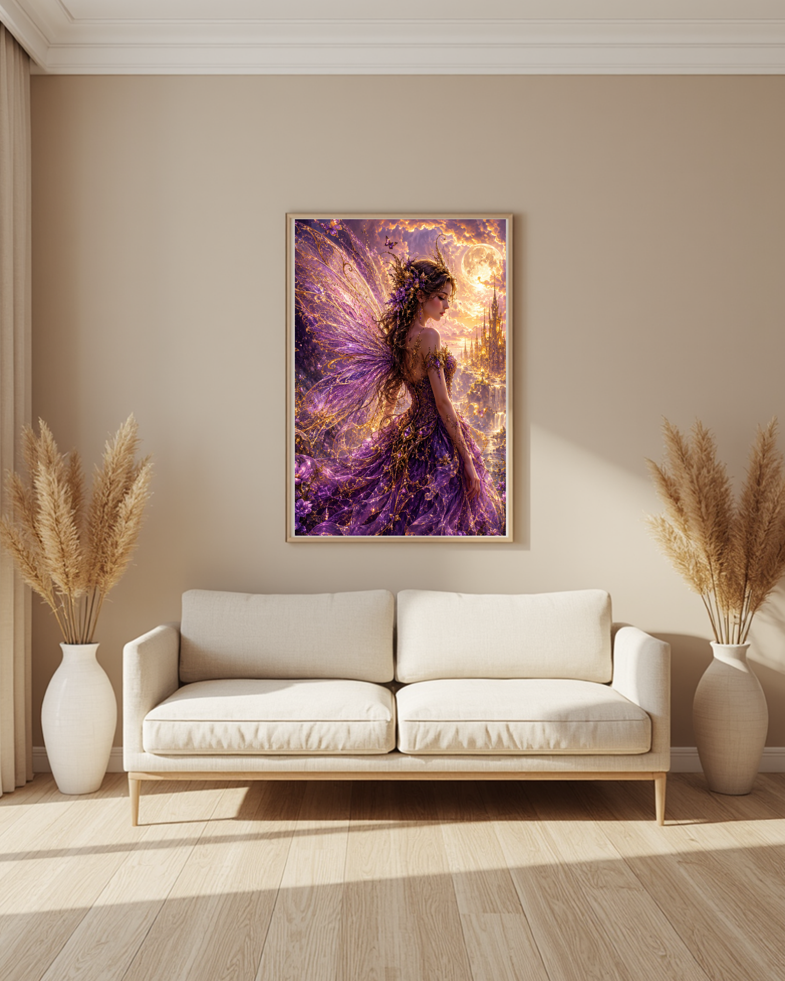 Diamond Painting Mondfee im goldenen Zauber mit filigranen Flügeln, violettem Kleid, märchenhaftem Schloss und funkelnden Spezialsteinen auf hochwertiger Premium-Leinwand.