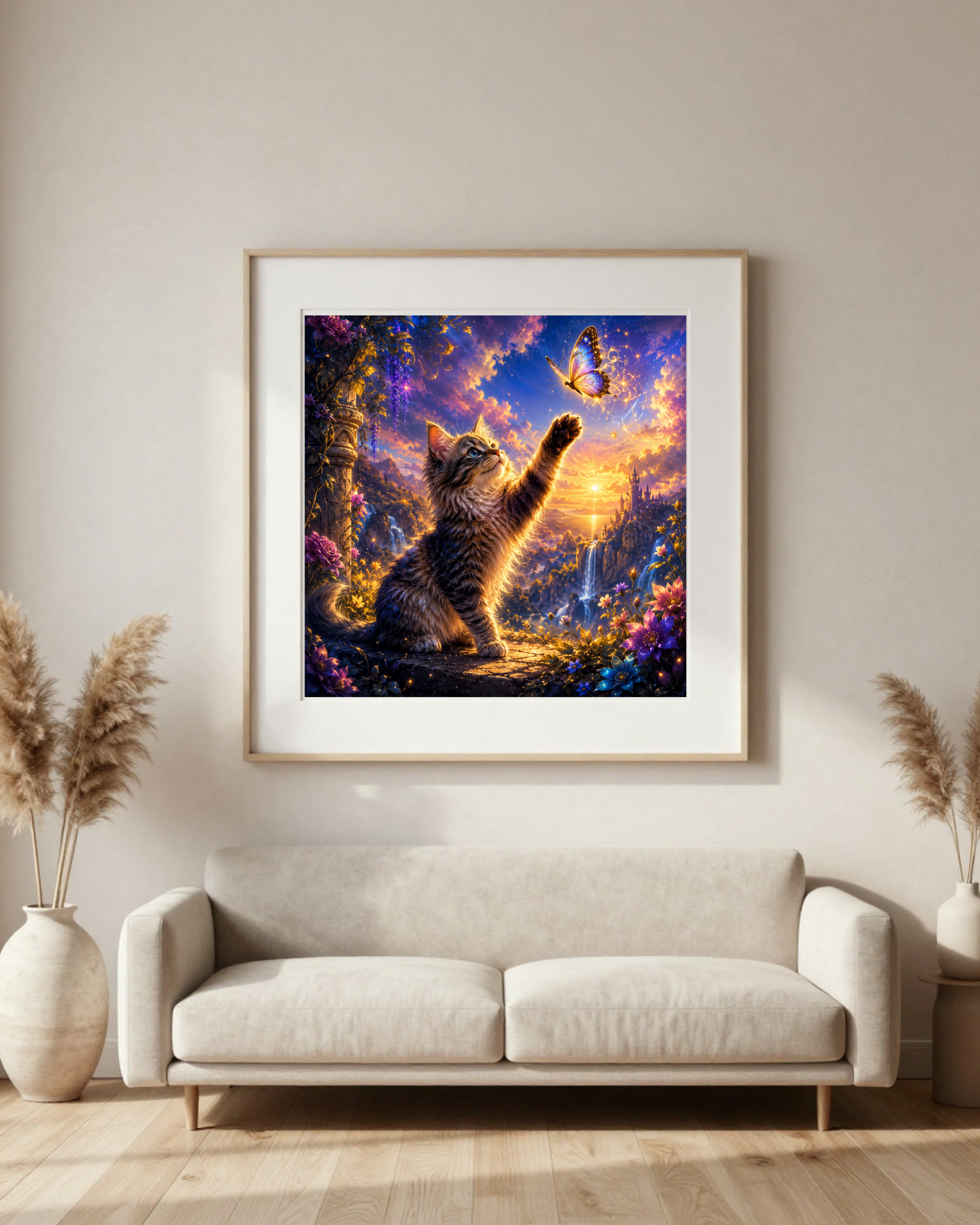 Diamond Painting Katze mit Schmetterling im märchenhaften Zaubergarten mit Spezialsteinen