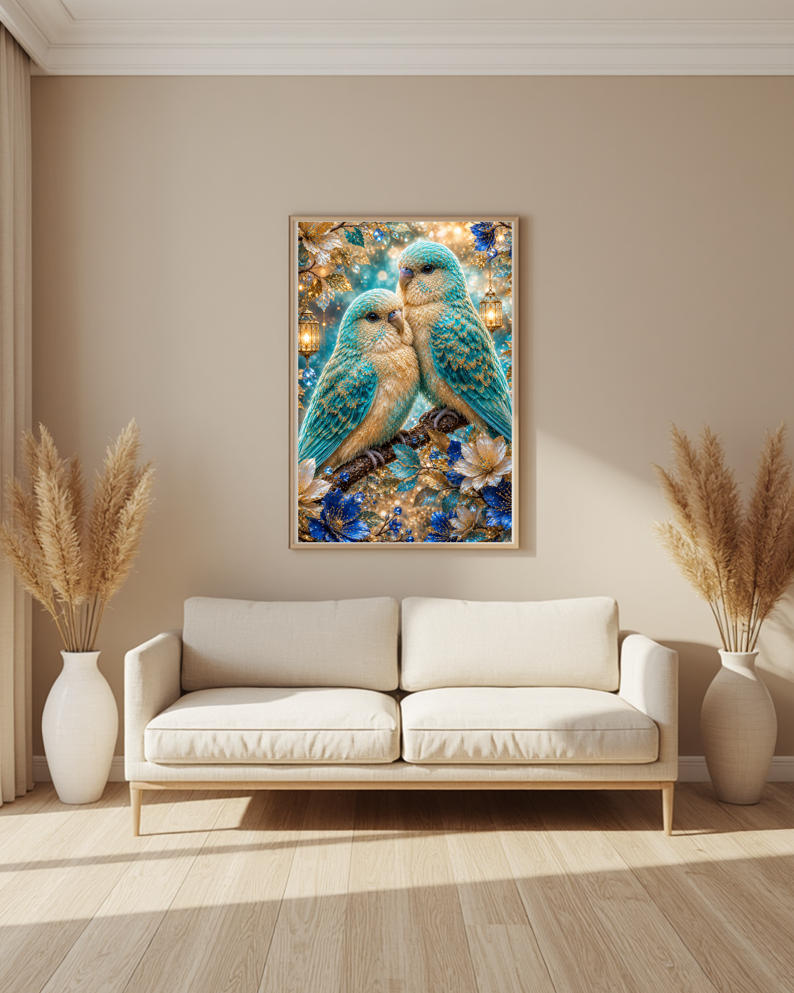 Diamond Painting mit zwei harmonisch vereinten Vögeln in Türkis und Gold, umgeben von royalblauen Blüten und leuchtenden Laternen