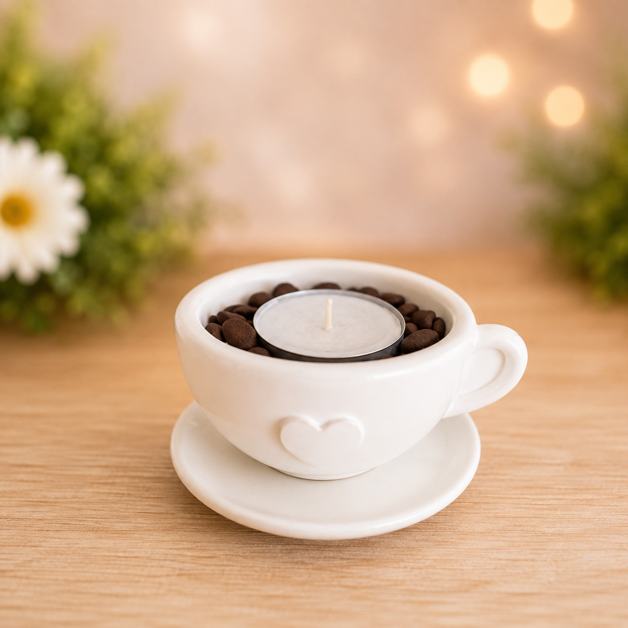 Herz-Tasse mit echten Kaffeebohnen & Teelicht