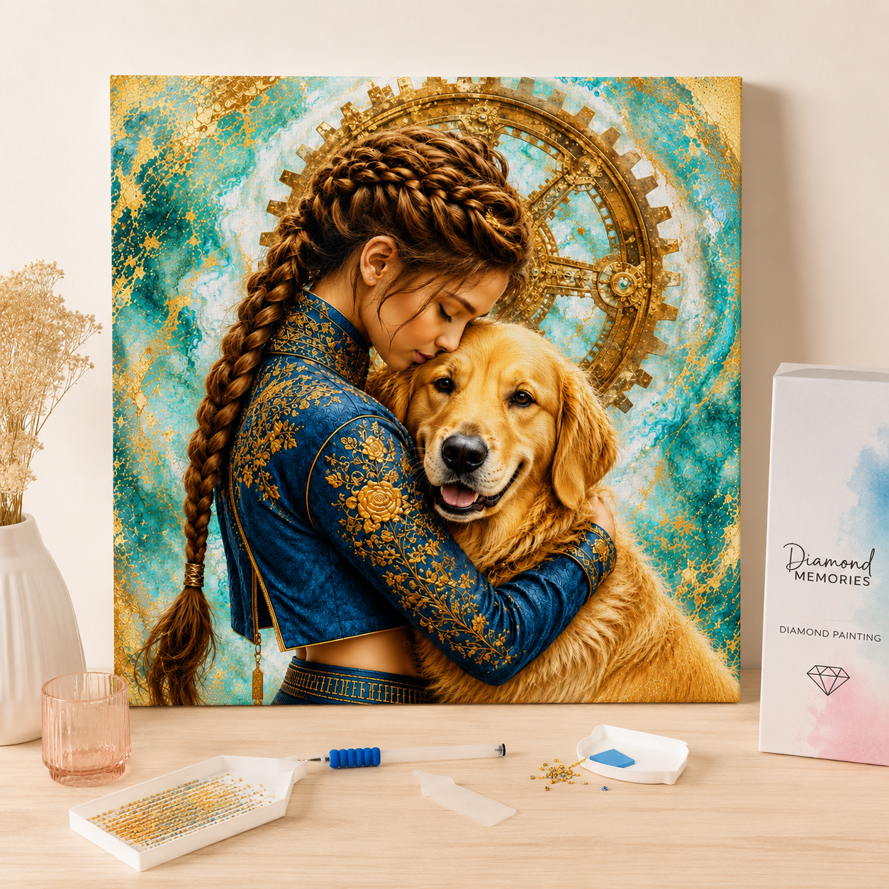 Mädchen mit Hund, goldenes Bond Mosaikbausatz von Diamond Memories, detailreiche Bastelarbeit mit Hund und Mädchen.
