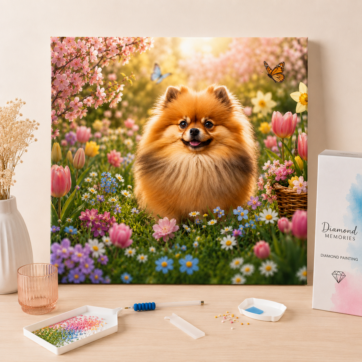 Mosaikbausatz "Pomeranian in the Garten" von Diamond Memories, detailliertes Bild eines fertigen Hundemotivs