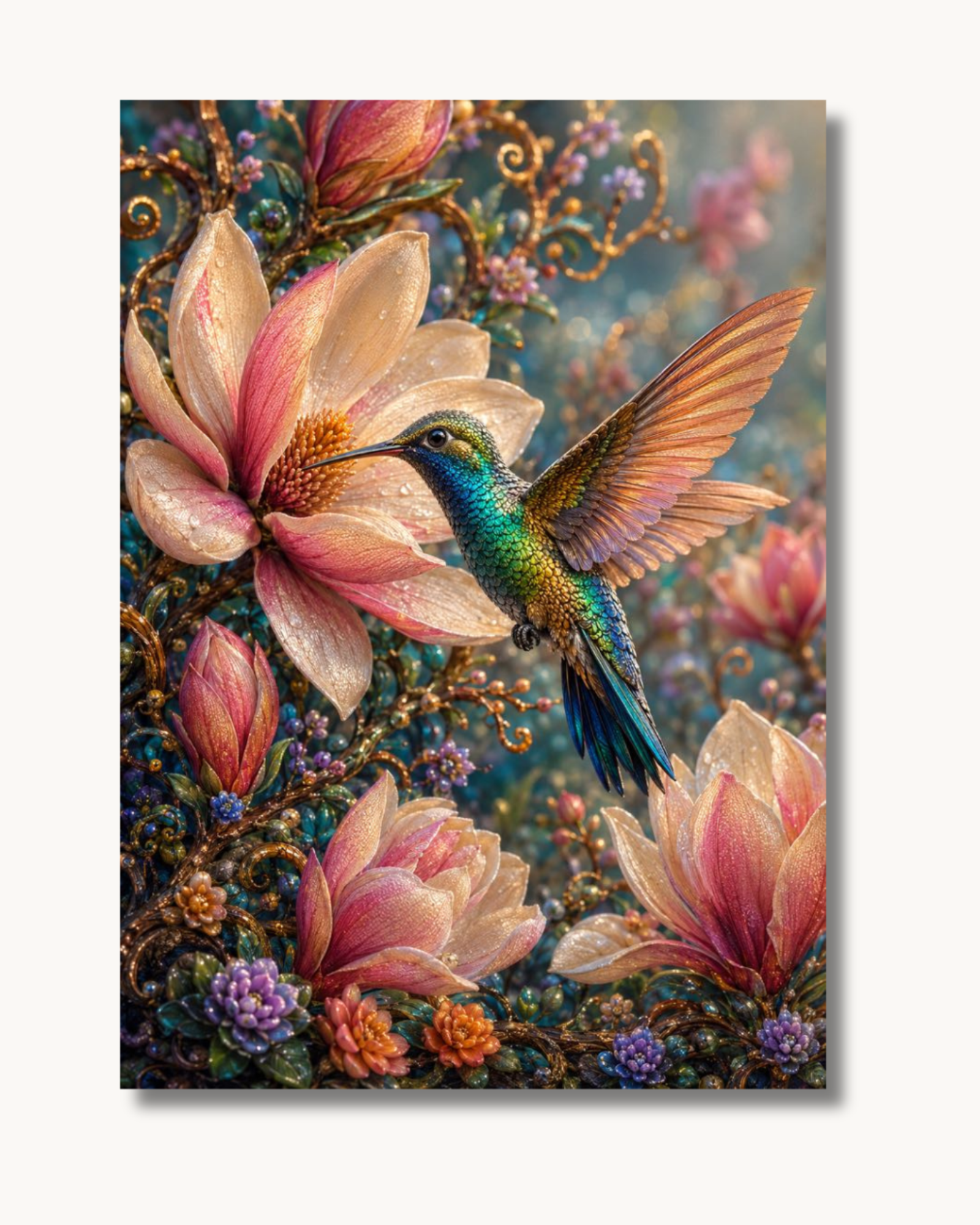 Diamond Painting Kolibri im Blütenzauber mit schillerndem Kolibri, zarten Magnolienblüten und funkelnden Spezialsteinen auf hochwertiger Premium-Leinwand.