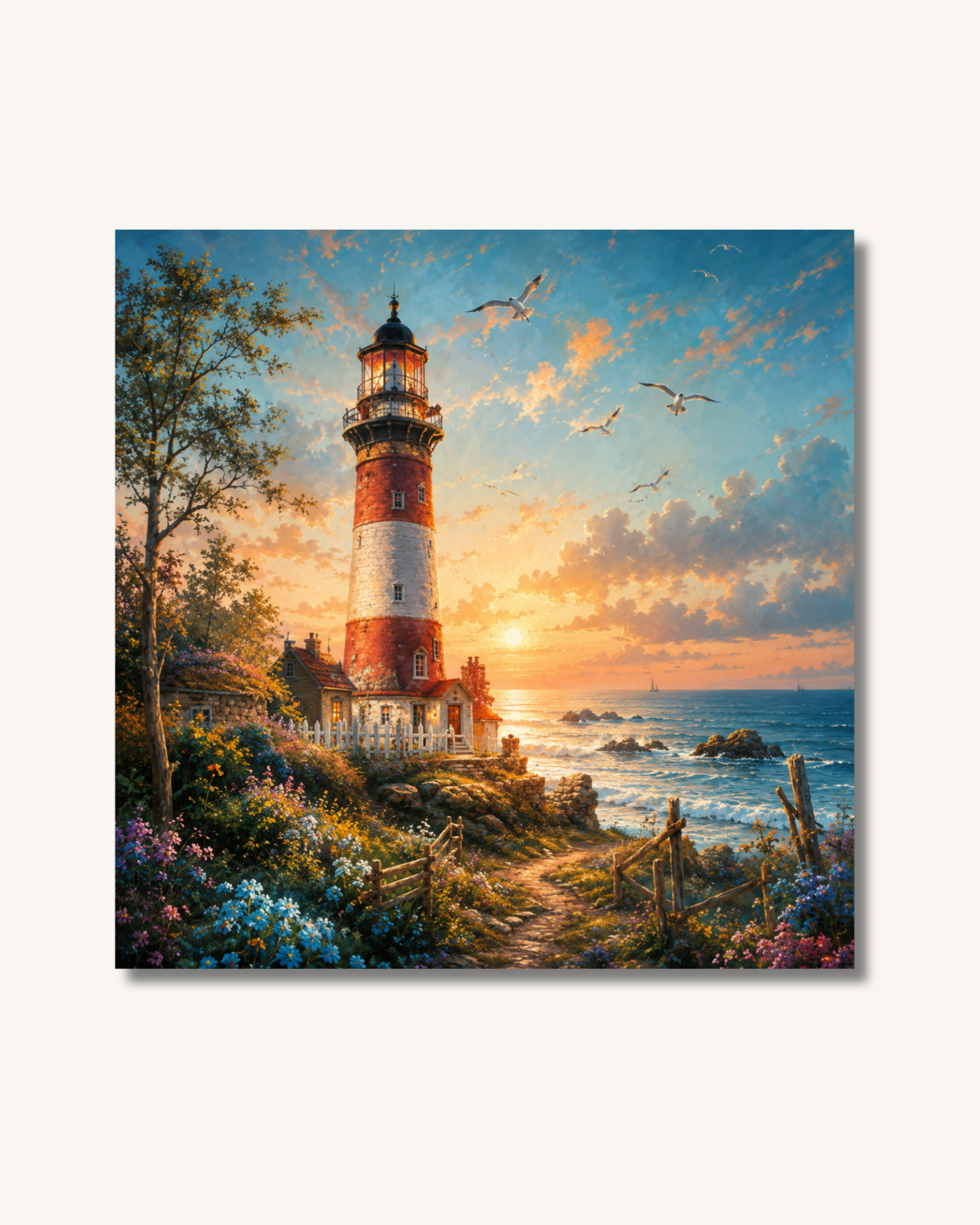 Diamond Painting Leuchtturm am Meer bei Sonnenuntergang mit funkelnden Spezialsteinen auf hochwertiger Premium-Leinwand