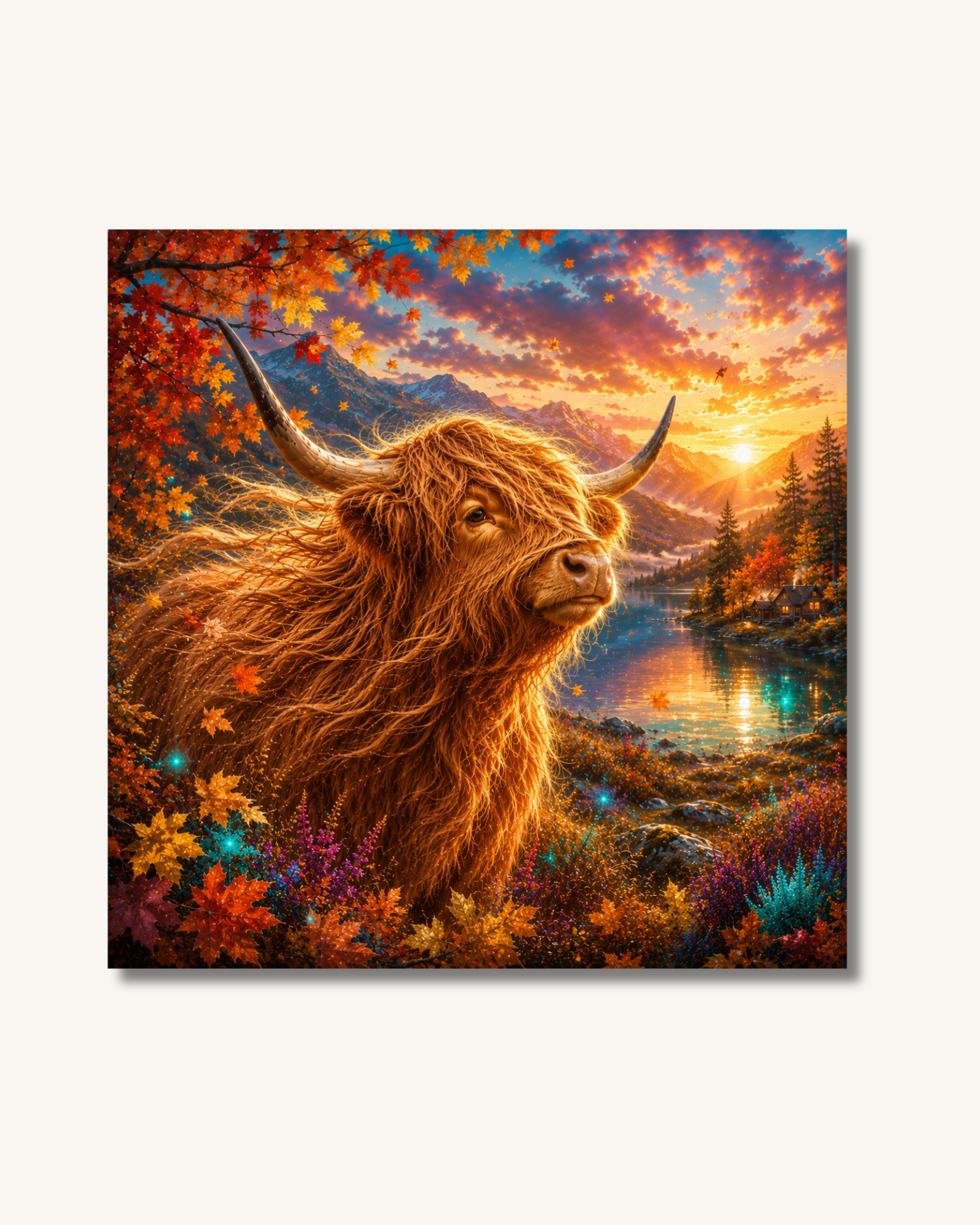 Diamond Painting Highland Cow im goldenen Herbst mit Premium Spezialsteinen