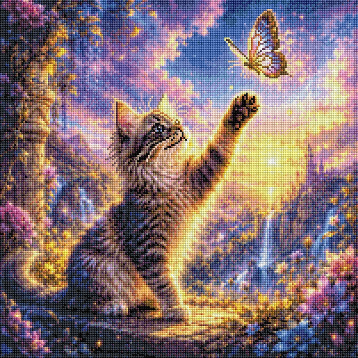 Diamond Painting Gatto & farfalla nel giardino incantato – Rendering della resa delle diamantine