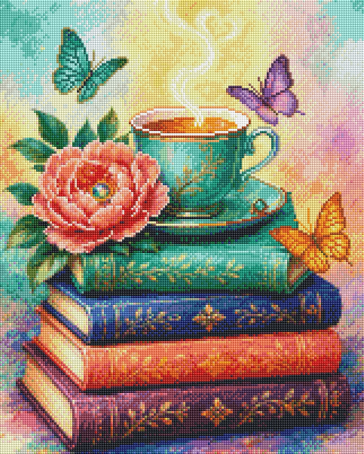 Diamond Painting Magia dei libri con tazza da tè e rosa – Rendering della resa delle diamantine
