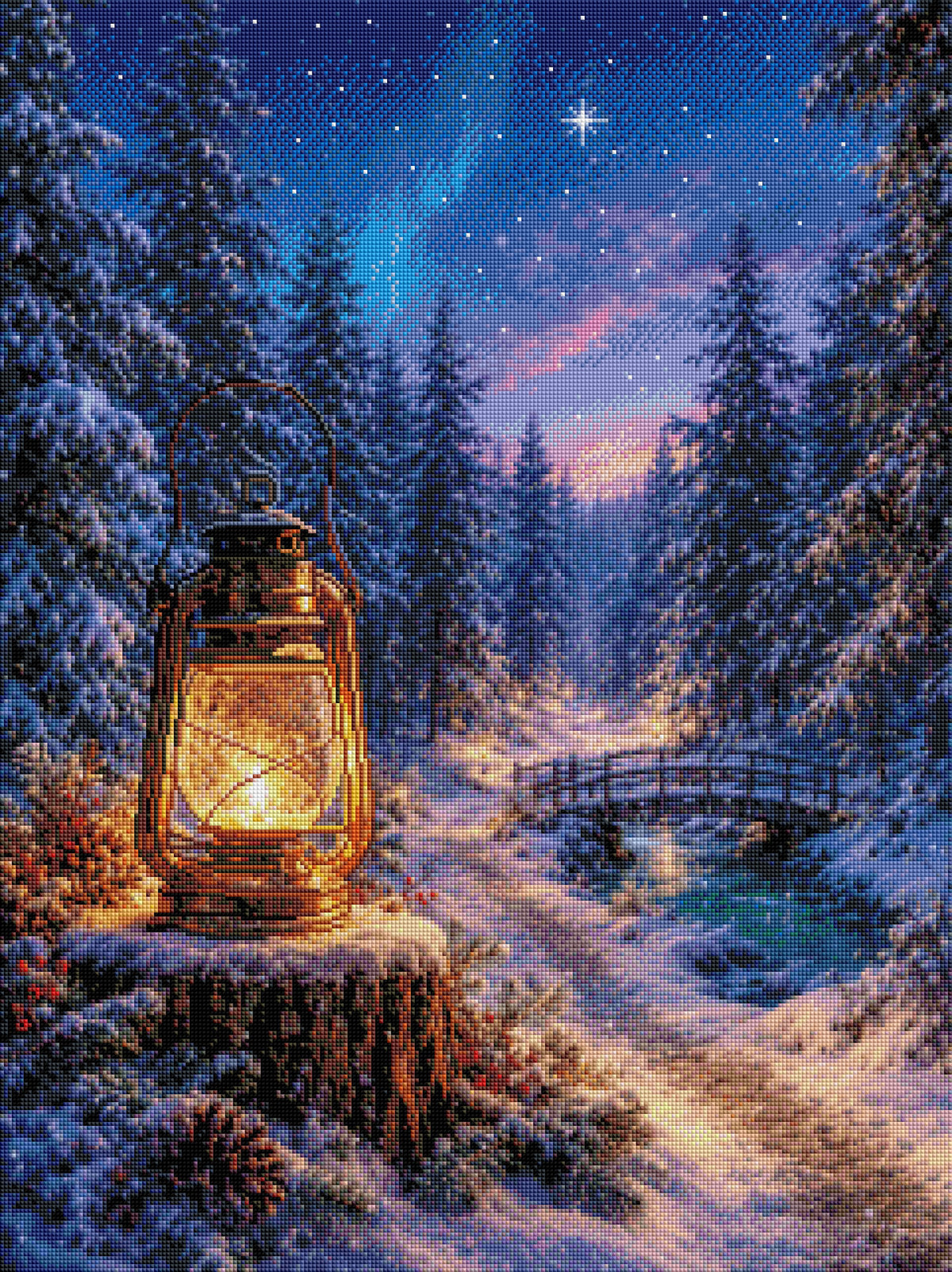 Anteprima di stampa – Non ancora realizzato: Diamond Painting Magia delle lanterne nel bosco innevato (NK-022)
