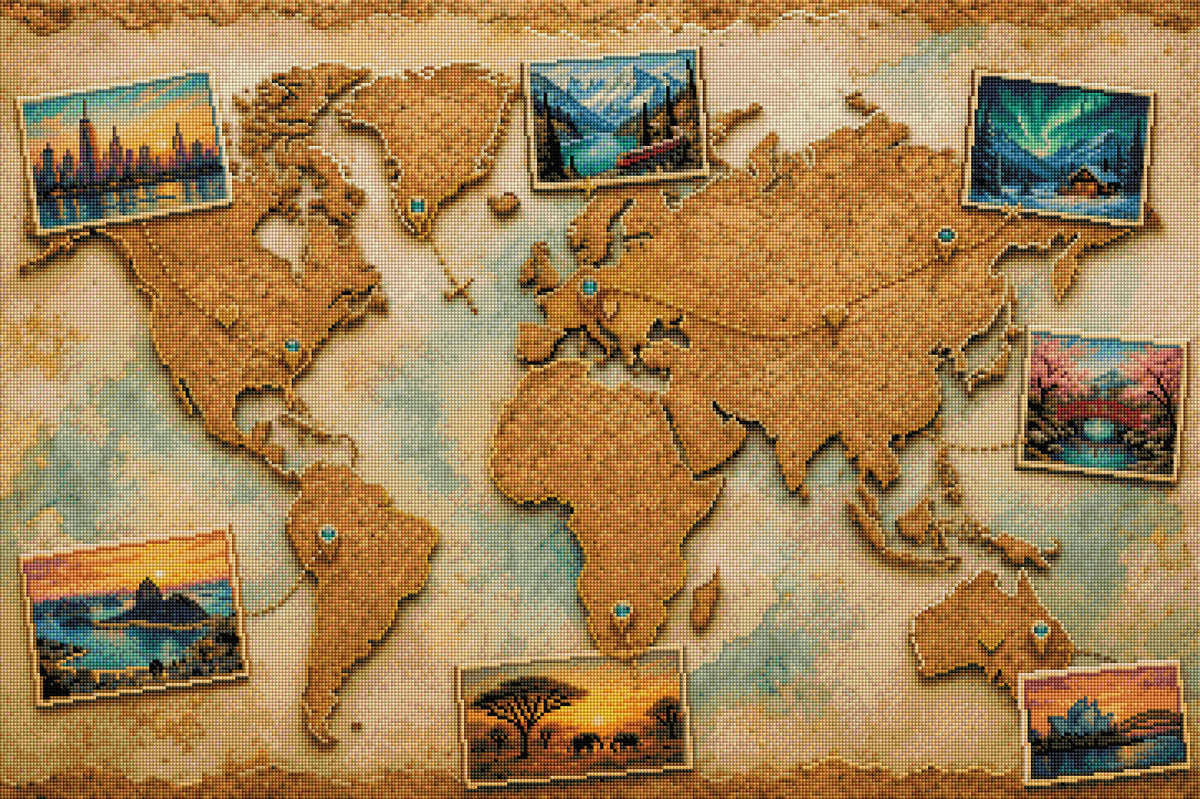 Anteprima di stampa – Non ancora realizzato: Diamond Painting Il mondo in sette ricordi (NK-023)