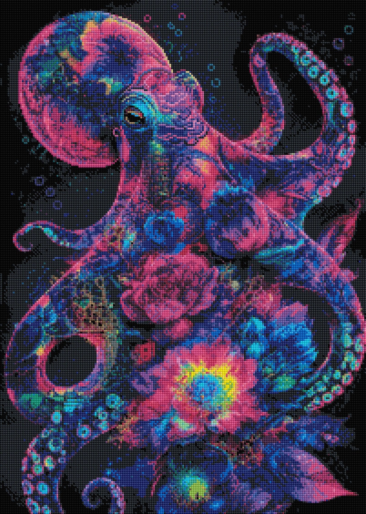 Druckvorschau – noch nicht gepaintet: Diamond Painting Neon-Oktopus im Blütenmeer (NK-026)