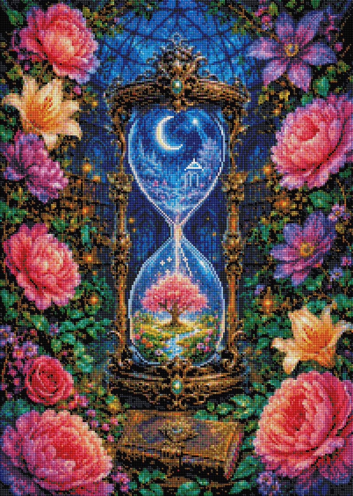 Druckvorschau – noch nicht gepaintet: Diamond Painting Die Sanduhr der ewigen Blüte (NK-031)