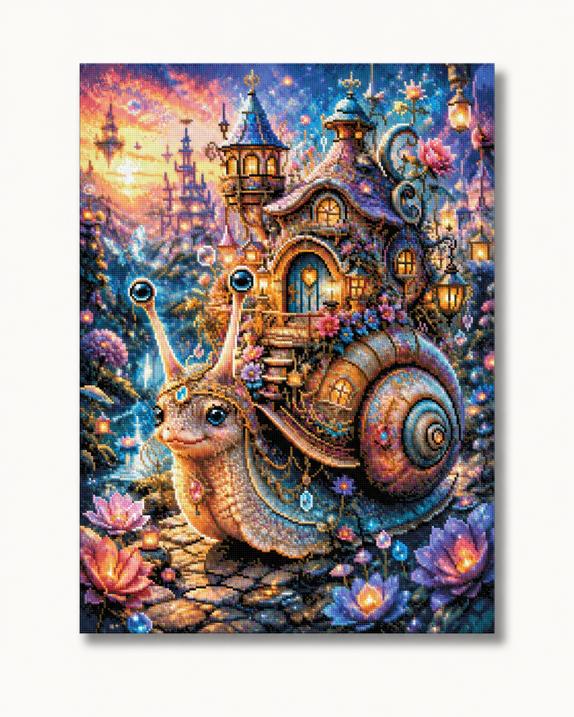 Diamond Painting Casa della lumaca incantata nel giardino delle fate – visualizzazione digitale del soggetto su sfondo chiaro