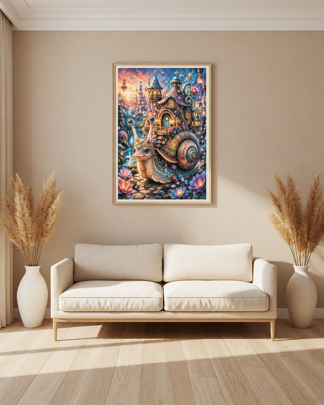 Diamond Painting Casa della lumaca incantata nel giardino delle fate – visualizzazione digitale in un soggiorno (cornice e decorazioni non incluse)