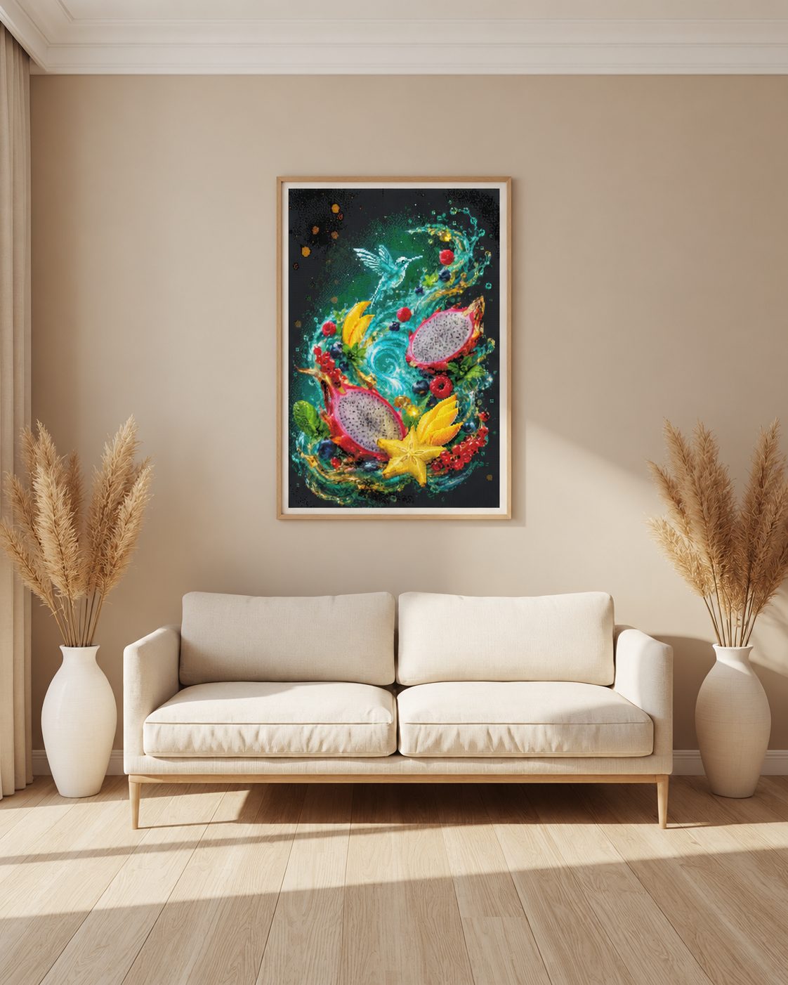 Diamond Painting Vortice di frutta tropicale – visualizzazione digitale in un soggiorno (cornice e decorazioni non incluse)