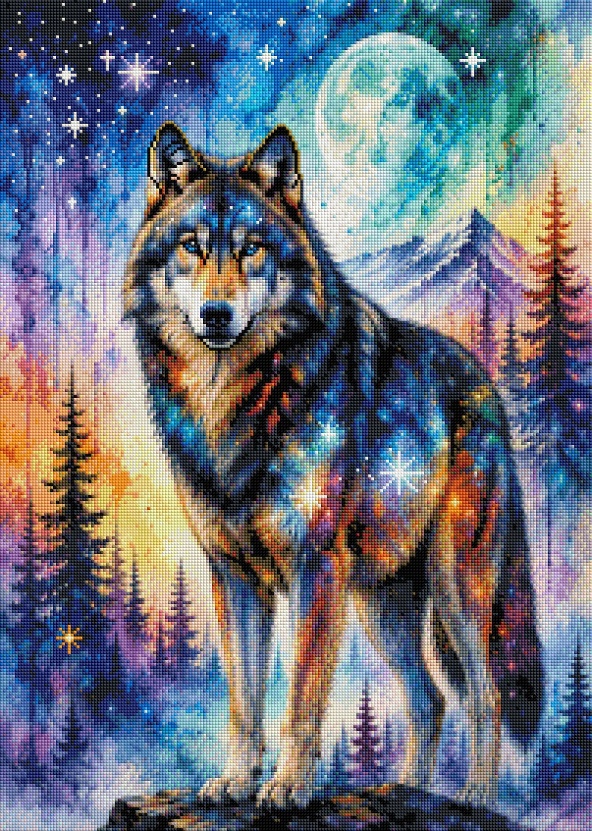 Anteprima di stampa – Non ancora realizzato: Diamond Painting Lupo cosmico al chiaro di luna (NK-035)
