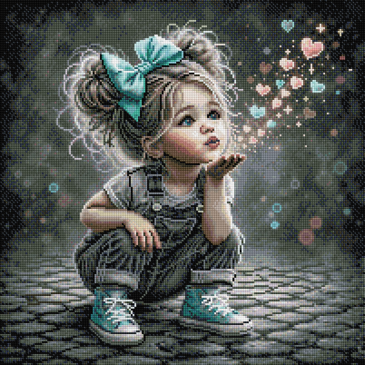Anteprima di stampa – Non ancora realizzato: Diamond Painting Bambina con cuori luminosi (NK-039)