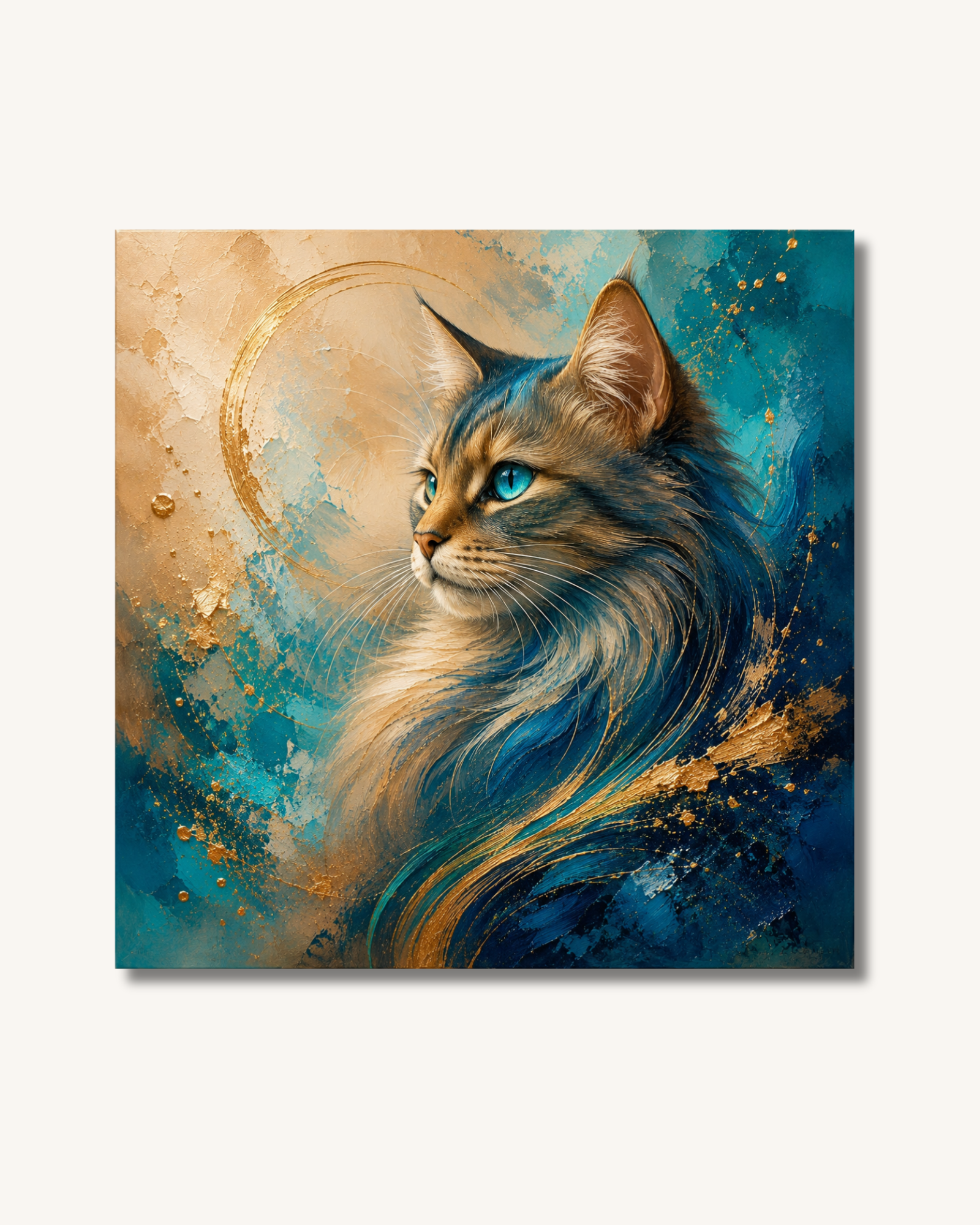 Diamond Painting elegante Katze in Türkis und Gold mit Premium Spezialsteinen