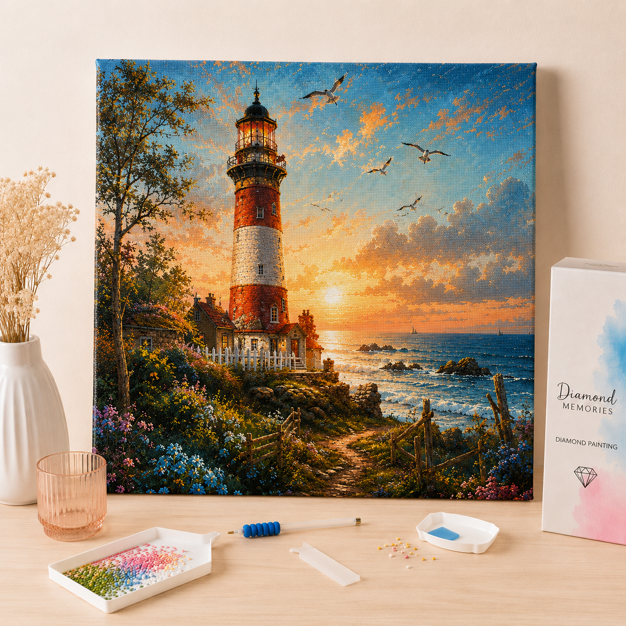 Diamond Painting Leuchtturm am Meer bei Sonnenuntergang mit funkelnden Spezialsteinen auf hochwertiger Premium-Leinwand