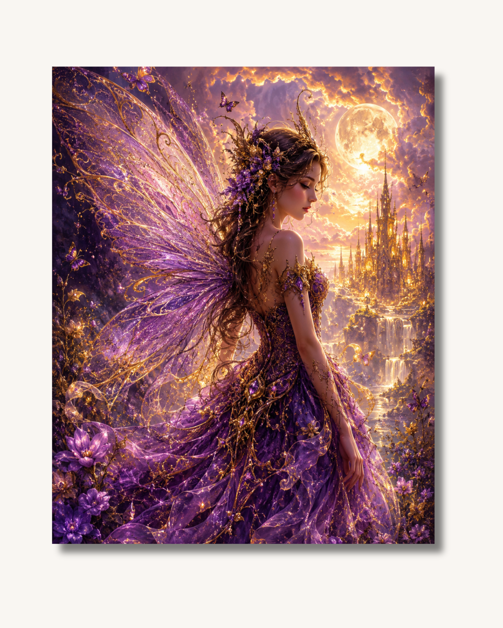 Diamond Painting Mondfee im goldenen Zauber mit filigranen Flügeln, violettem Kleid, märchenhaftem Schloss und funkelnden Spezialsteinen auf hochwertiger Premium-Leinwand.